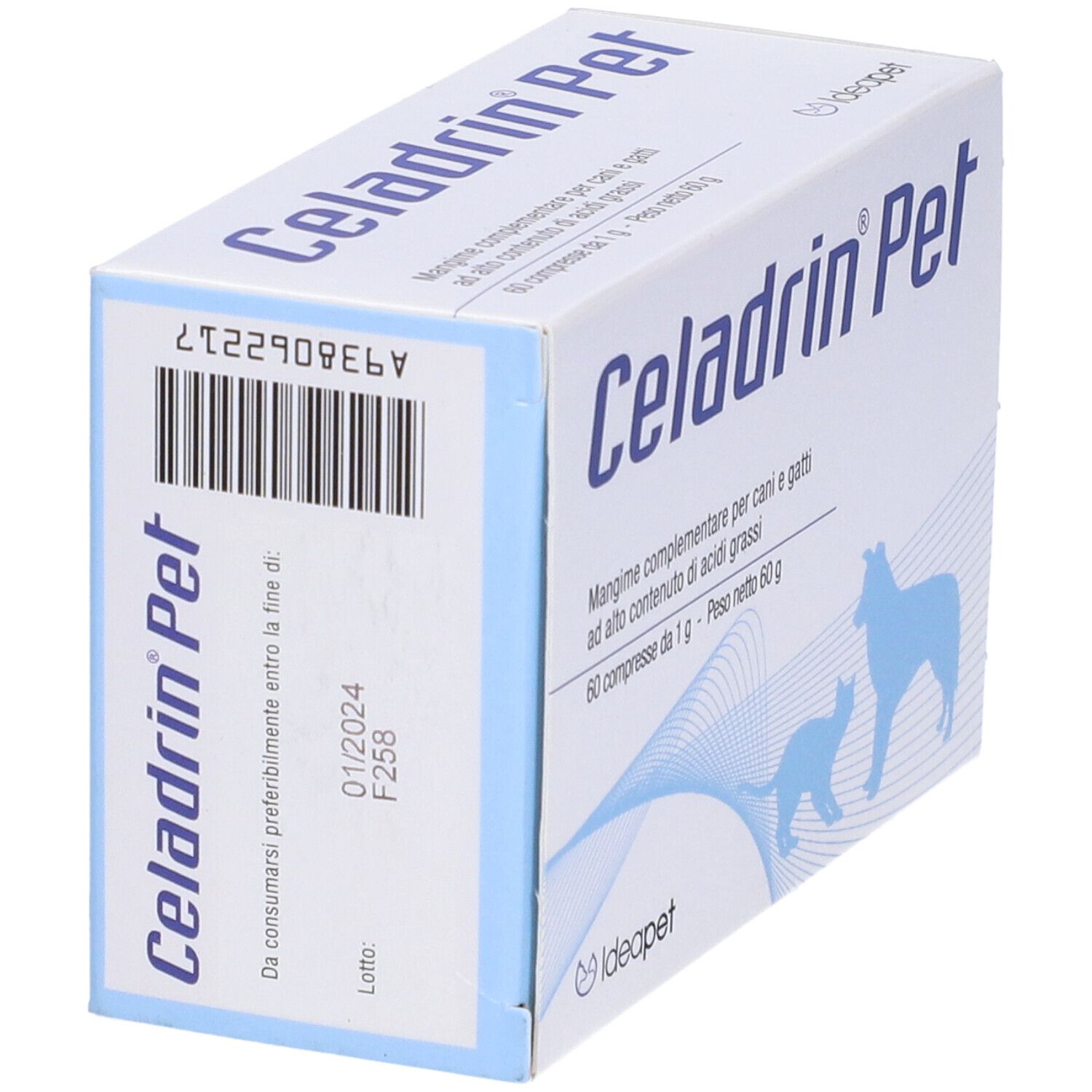 Scatola bianca con logo "Celadrin Pet". Testo: Mangime complementare per cani e gatti. 60 compresse. Logo: cane e gatto. Retro con codice a barre.