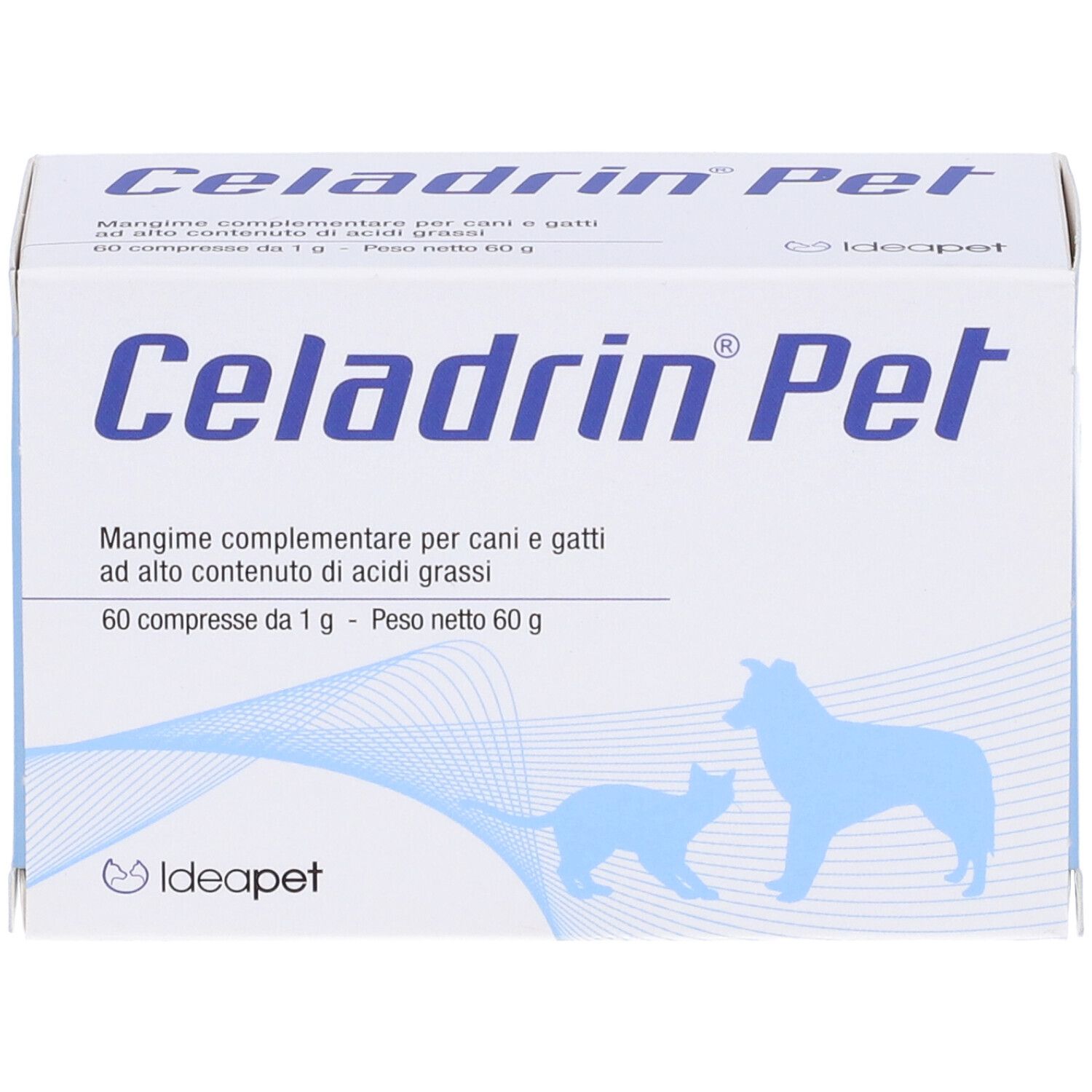 Scatola bianca con logo "Celadrin Pet". Testo: Mangime complementare per cani e gatti. 60 compresse. Logo: cane e gatto. Motivo a onde.