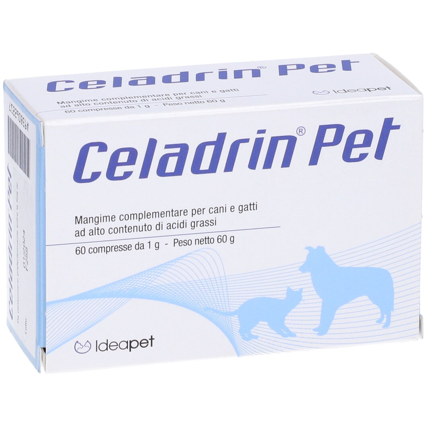 Scatola bianca con logo "Celadrin Pet". Testo: Mangime complementare per cani e gatti. 60 compresse. Logo: cane e gatto.
