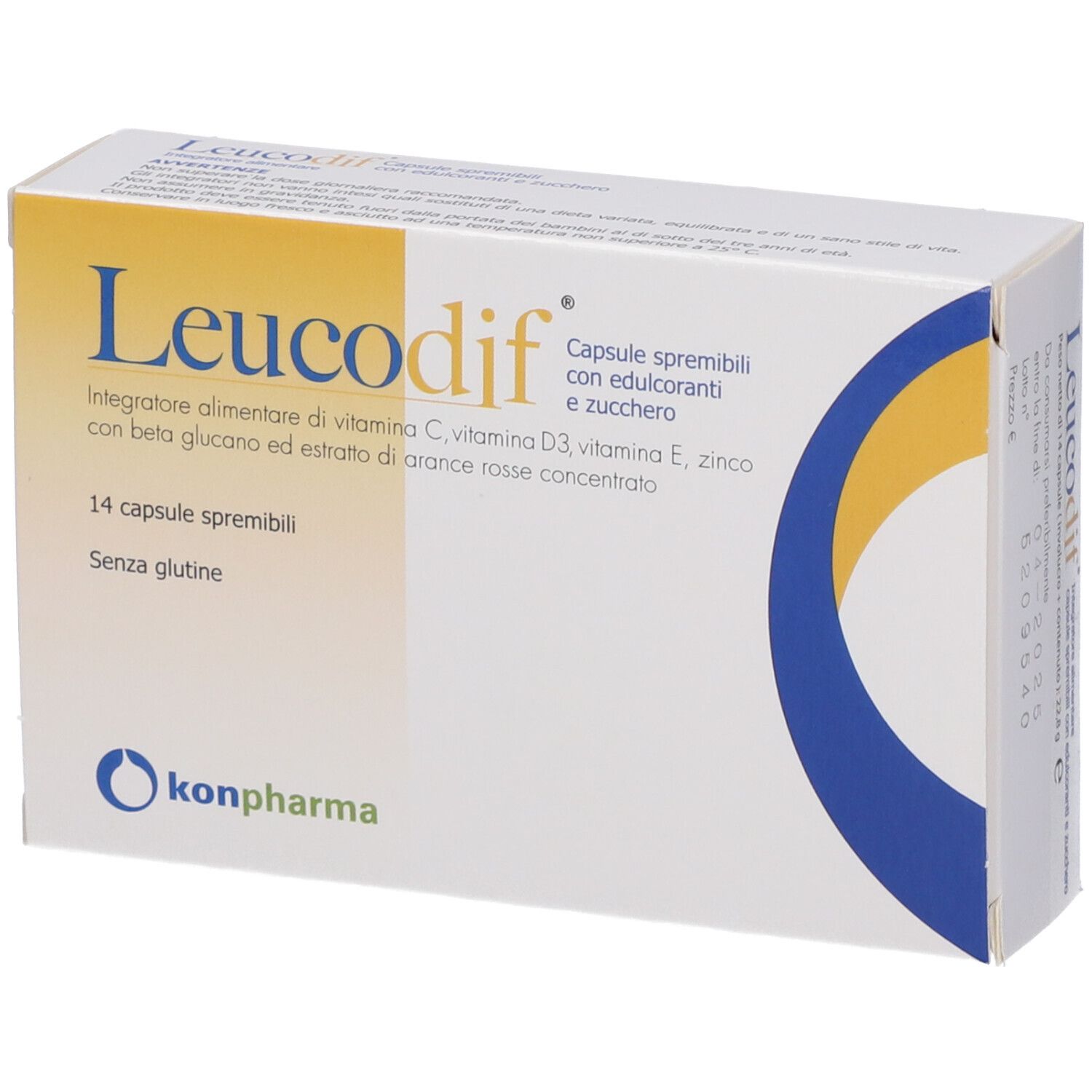 Scatola di capsule Leucodif. Contiene 14 capsule. Scritta: Integratore alimentare di vitamine.