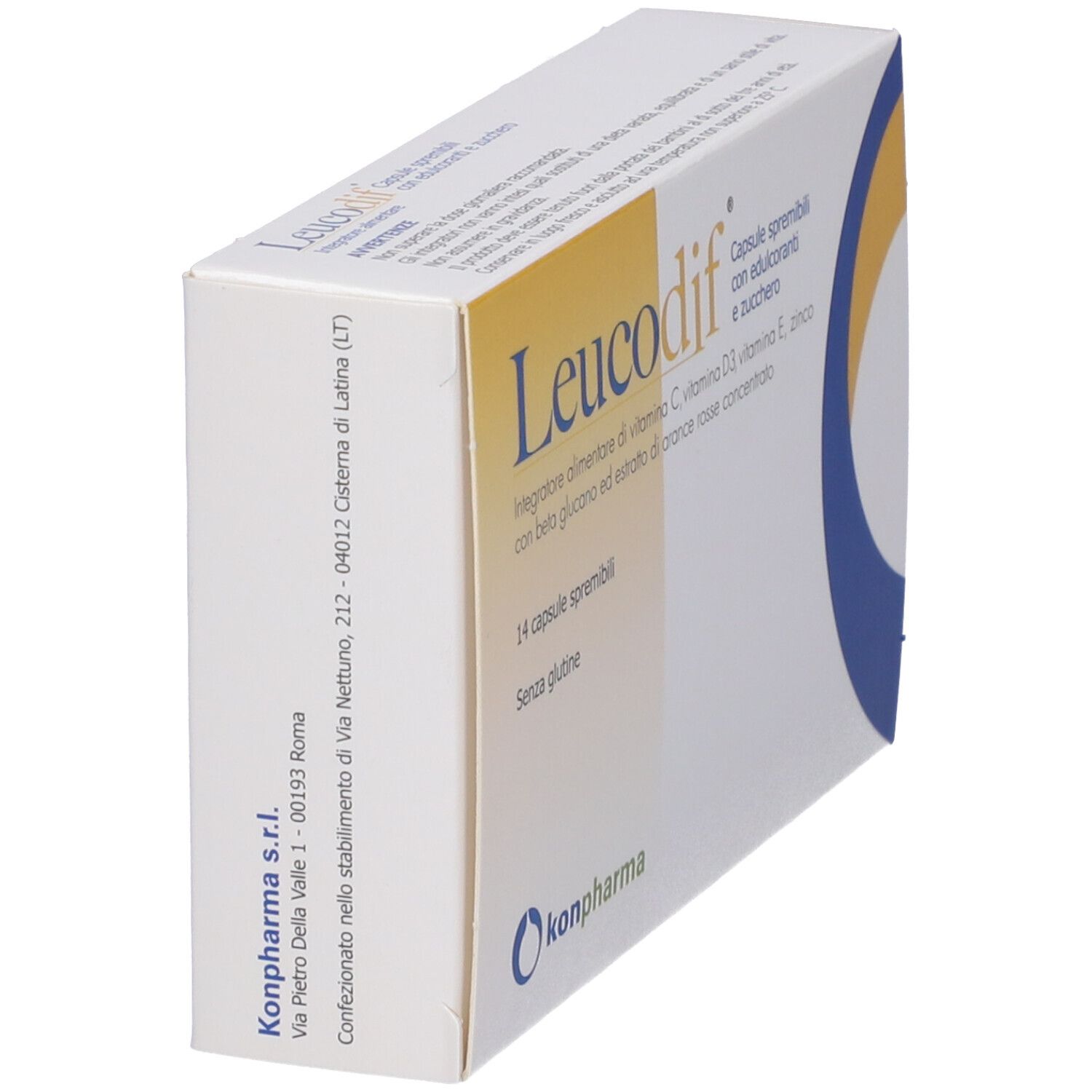 Scatola Leucodif, vista laterale. Scritta: Leucodif, Integratore alimentare di vitamine, 14 capsule.