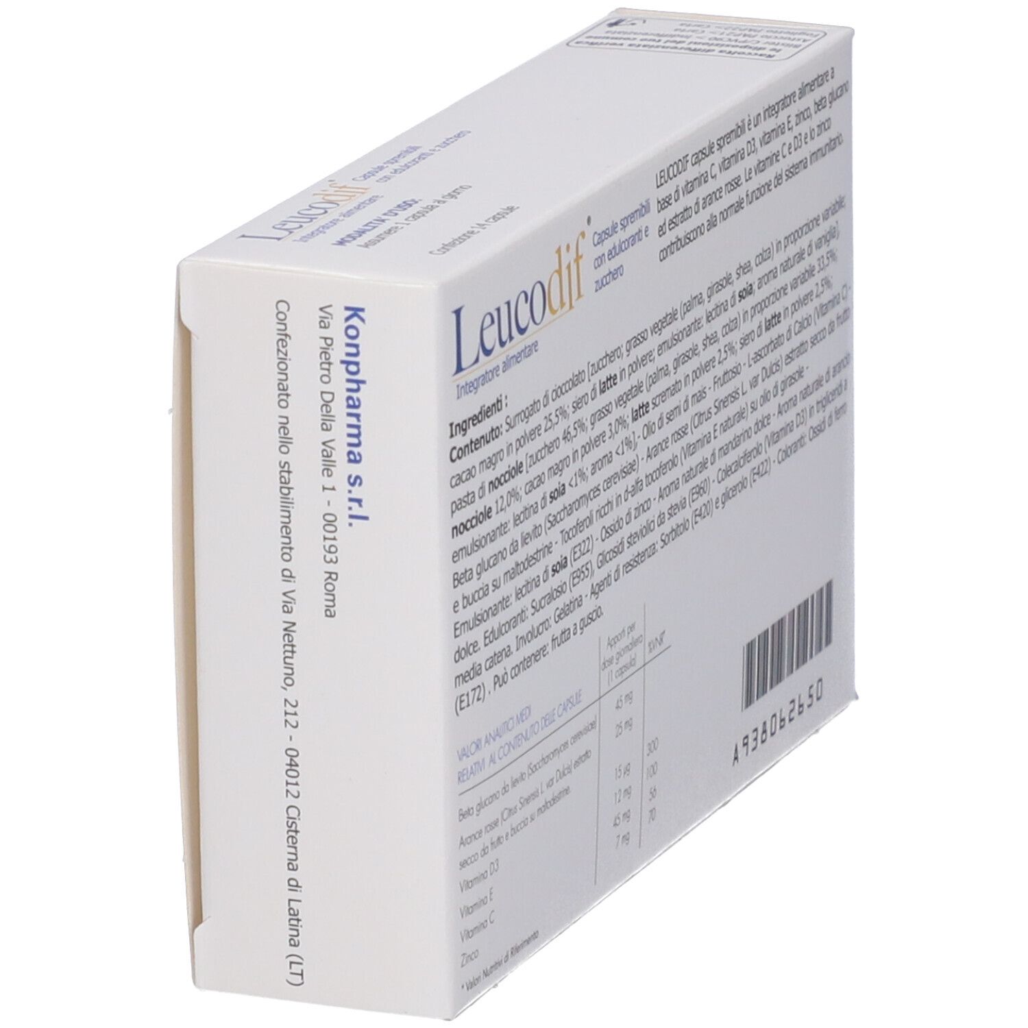 Scatola Leucodif, vista laterale. Scritta: Leucodif, Integratore alimentare di vitamine, 14 capsule.