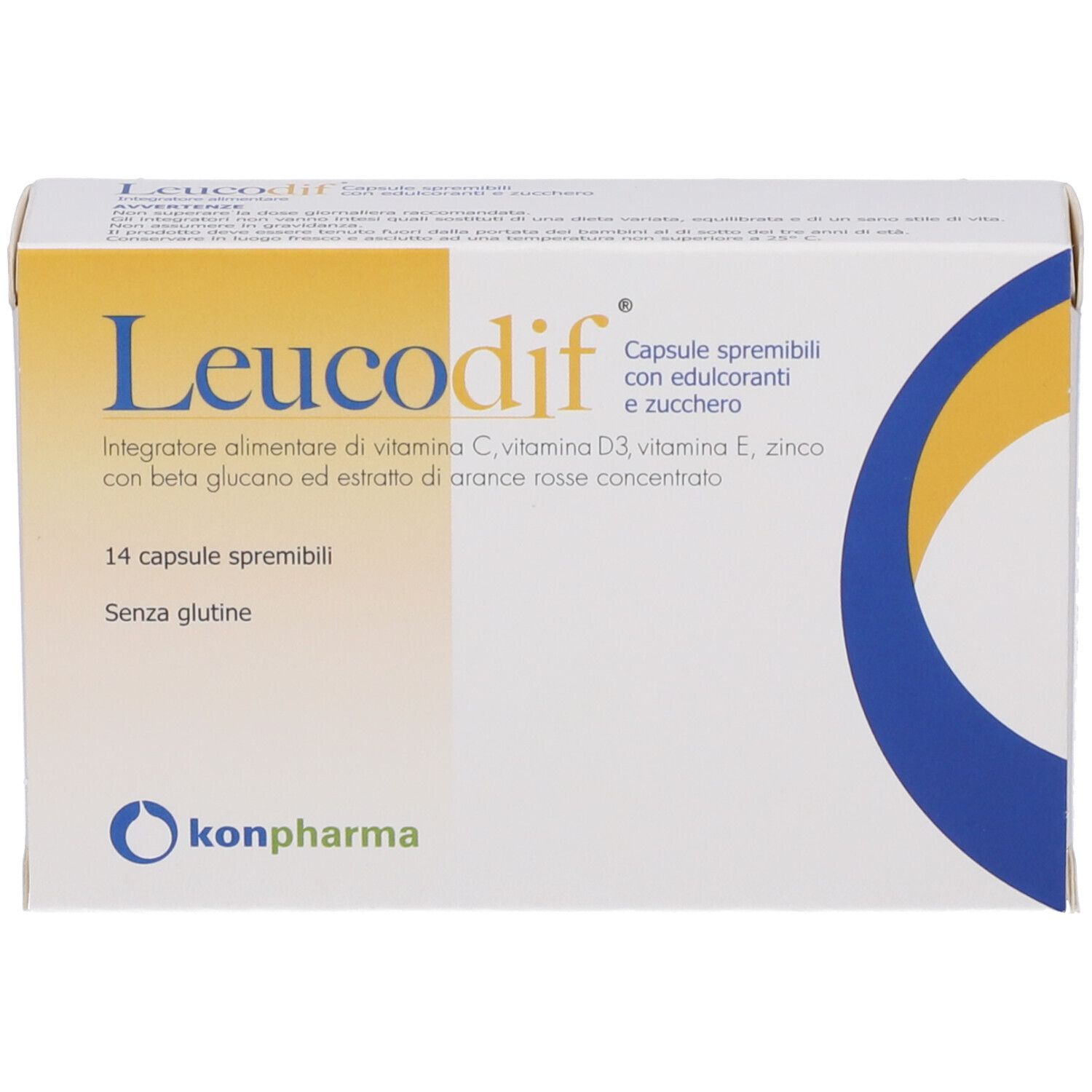 Scatola di capsule Leucodif. Contiene 14 capsule. Scritta: Integratore alimentare di vitamine.