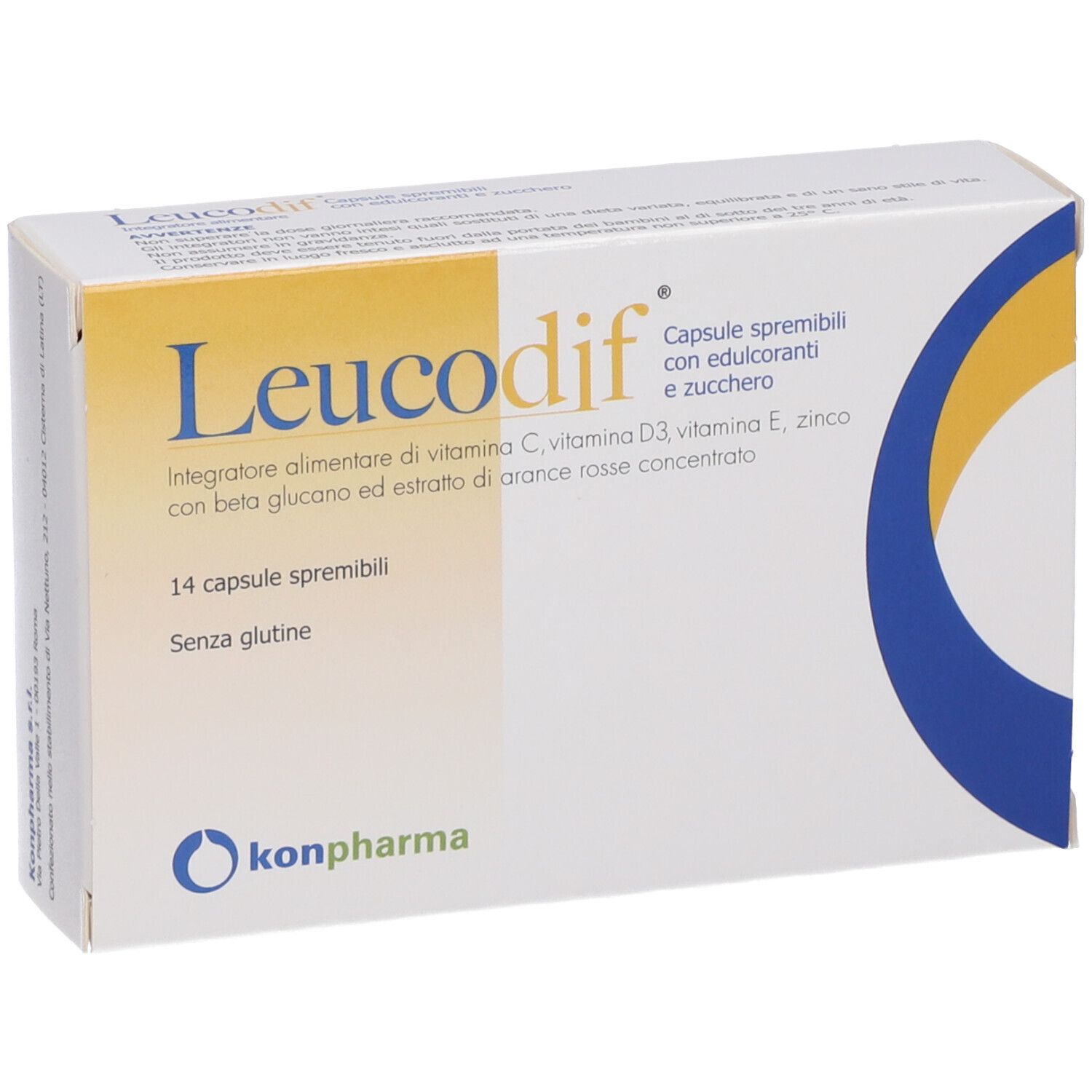 Scatola di capsule Leucodif. Contiene 14 capsule. Scritta: Integratore alimentare di vitamine.