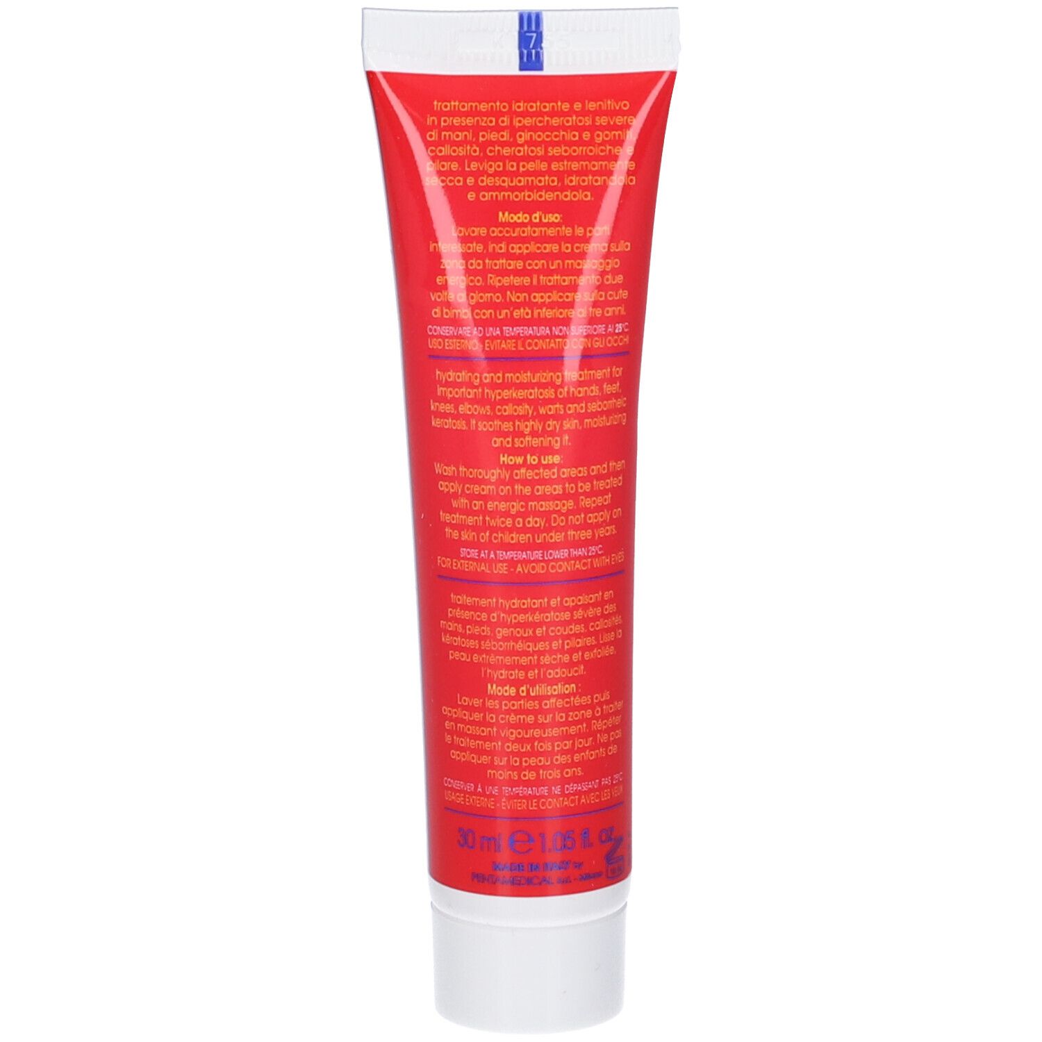 Rote Tube, Rückseite. Text: Behandlung für trockene Haut. Anwendungshinweise. Inhaltsstoffe. 30 ml.