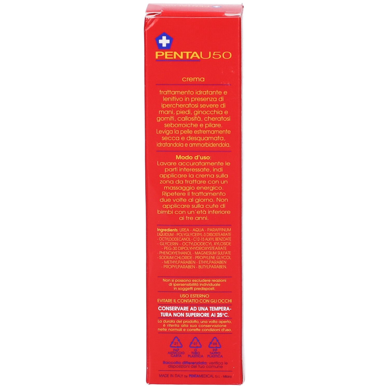 Roter Karton, Rückseite. Text: Behandlung für trockene Haut. Anwendungshinweise. Inhaltsstoffe. 30 ml.