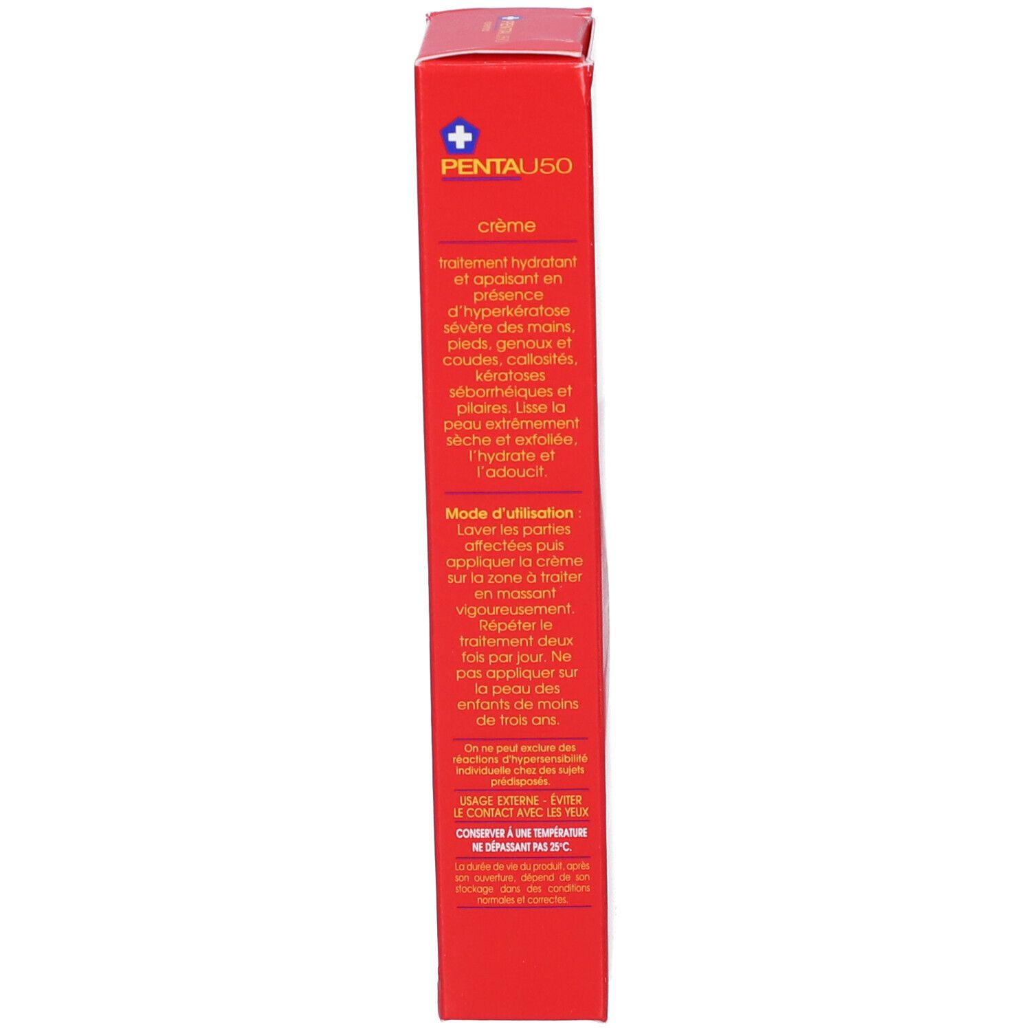 Roter Karton, Seite. Text: Creme, Anwendungshinweise, 30 ml, Inhaltsstoffe, Warnhinweise.