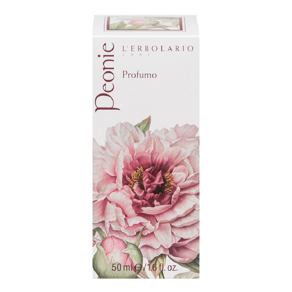 Confezione in cartone con illustrazione di peonia. Testo: Peonie, L'Erbolario, Profumo. In basso: 50 ml / 1.6 fl. oz.