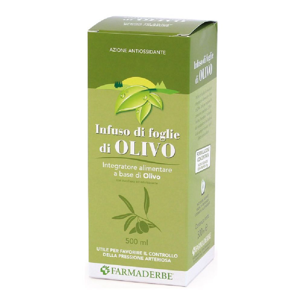 Scatola verde con 'Infuso di foglie di OLIVO'. Contiene 500 ml. Marchio: Farmaderbe.