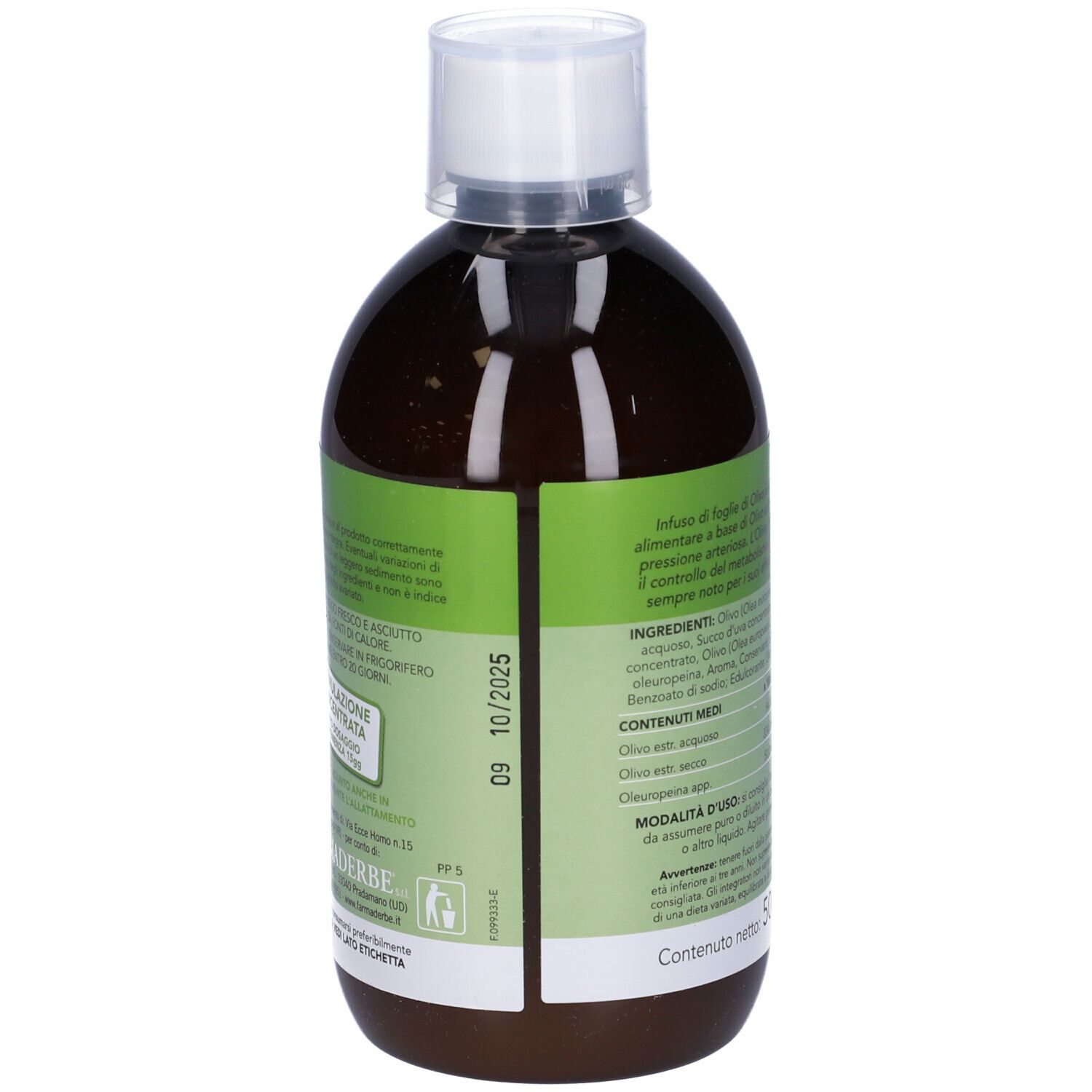 Bottiglia marrone con tappo bianco. Etichetta con ingredienti e scadenza 09/10/2025. Contenuto: 500 ml.
