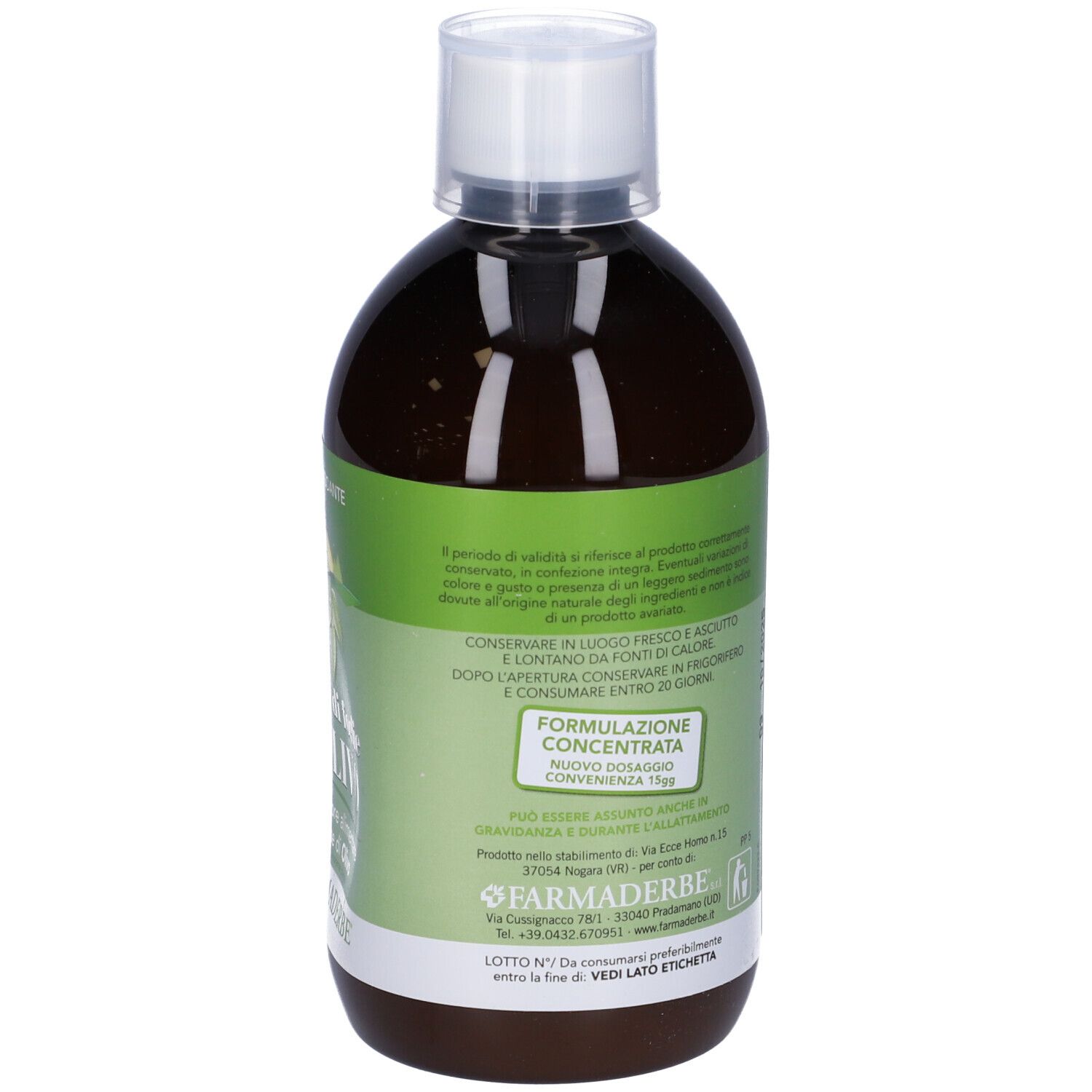 Bottiglia marrone con tappo bianco. Etichetta con informazioni sull'uso e la conservazione. Contenuto: 500 ml.