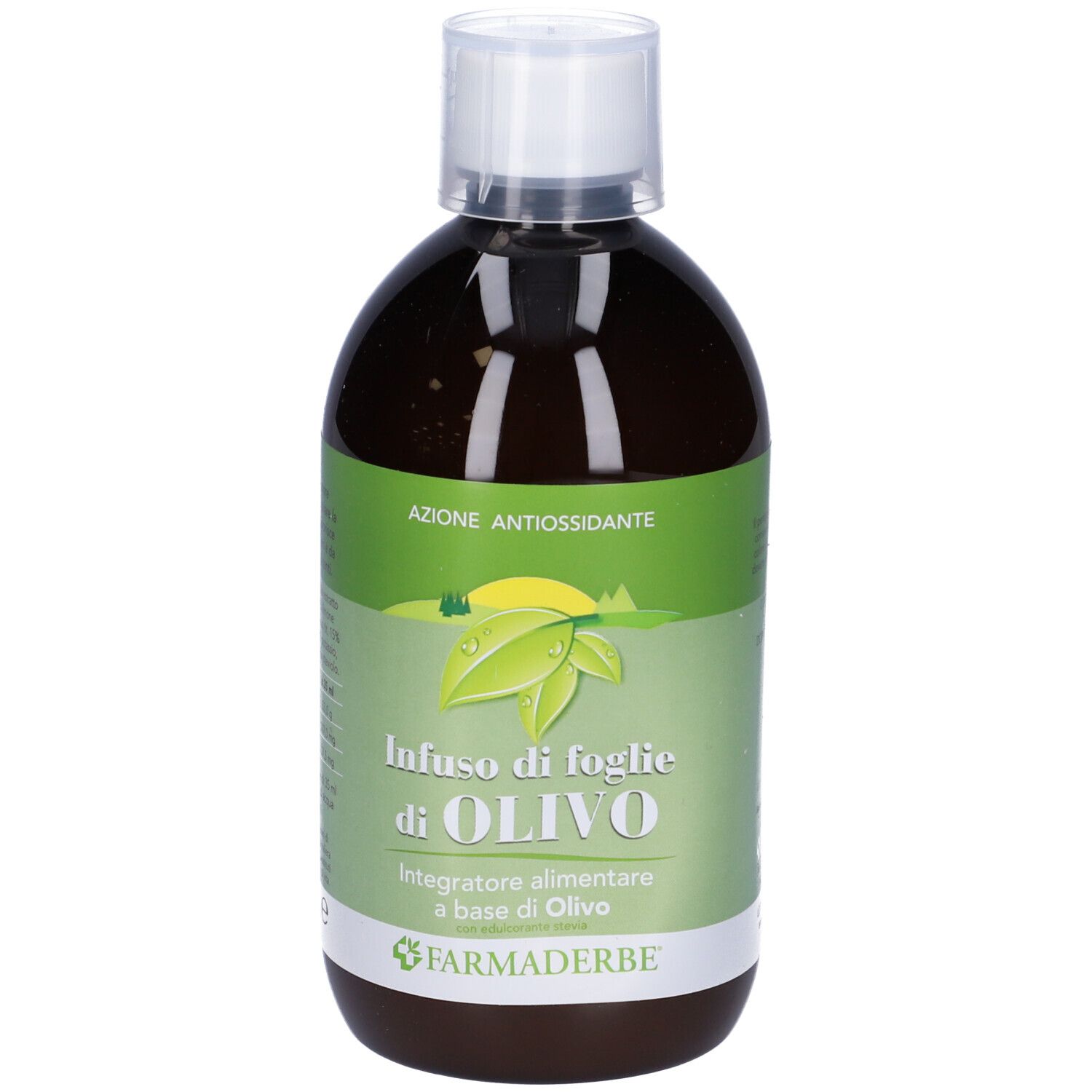 Bottiglia marrone con tappo bianco. Etichetta con 'Infuso di foglie di OLIVO'. Marchio: Farmaderbe. Contenuto: 500 ml.