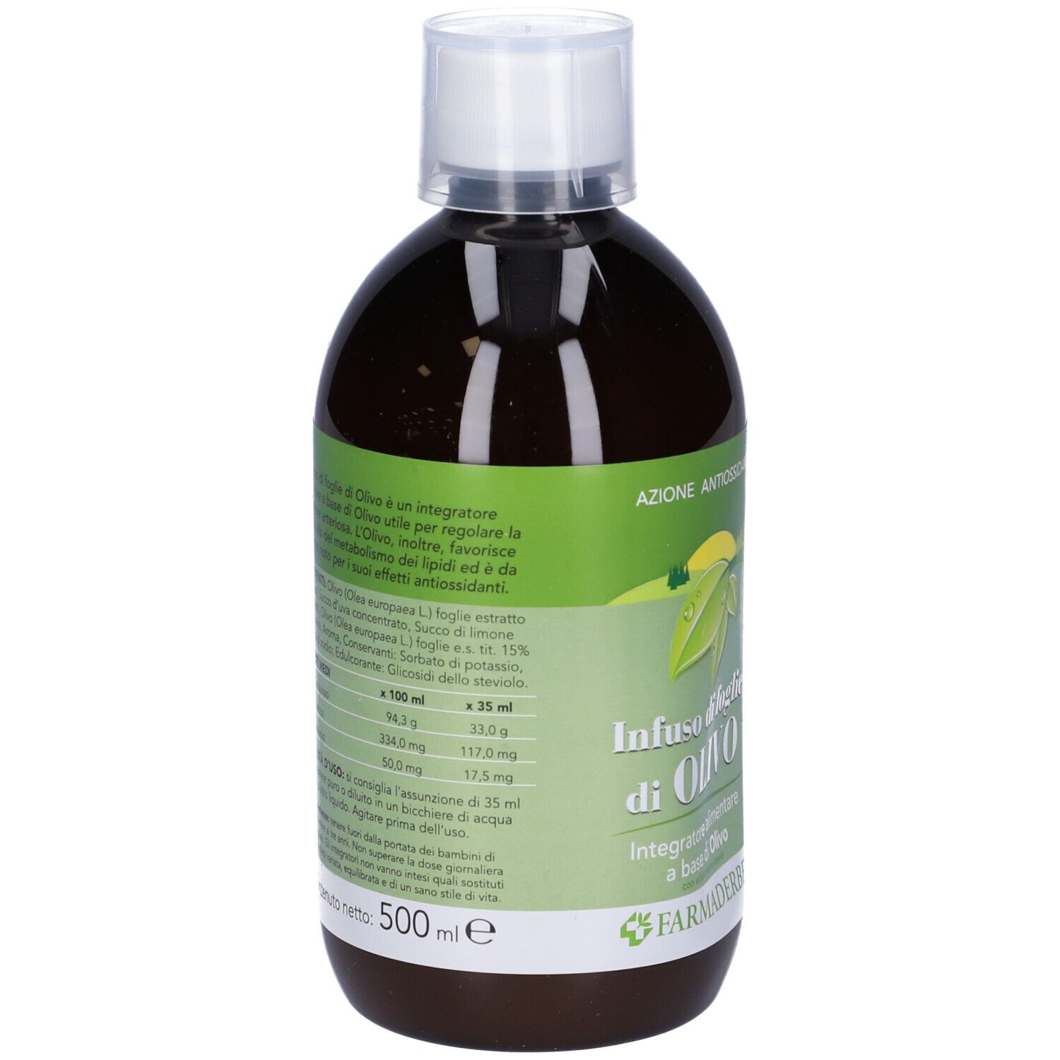 Bottiglia marrone con tappo bianco. Etichetta con ingredienti e valori nutrizionali. Contenuto: 500 ml.