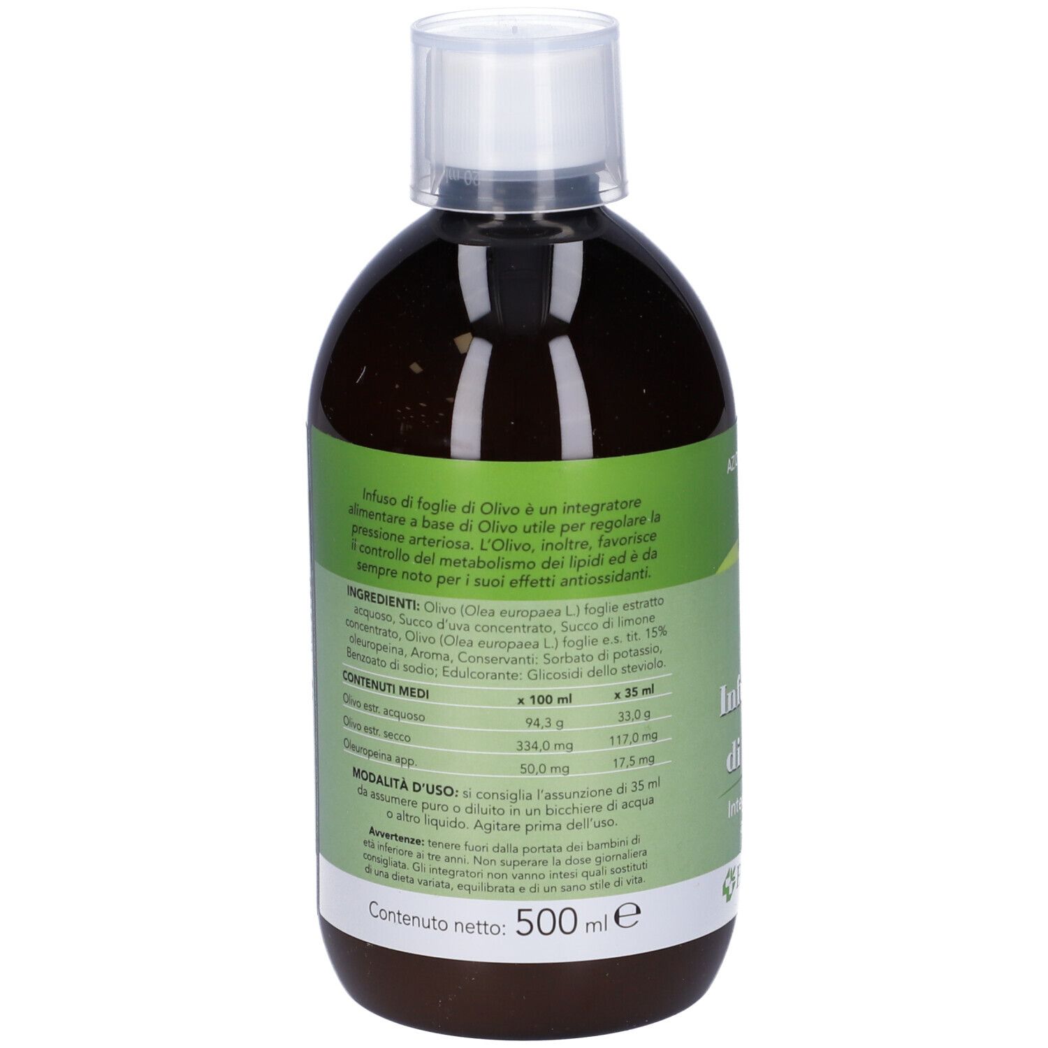 Bottiglia marrone con tappo bianco. Etichetta con ingredienti e valori nutrizionali. Contenuto: 500 ml.