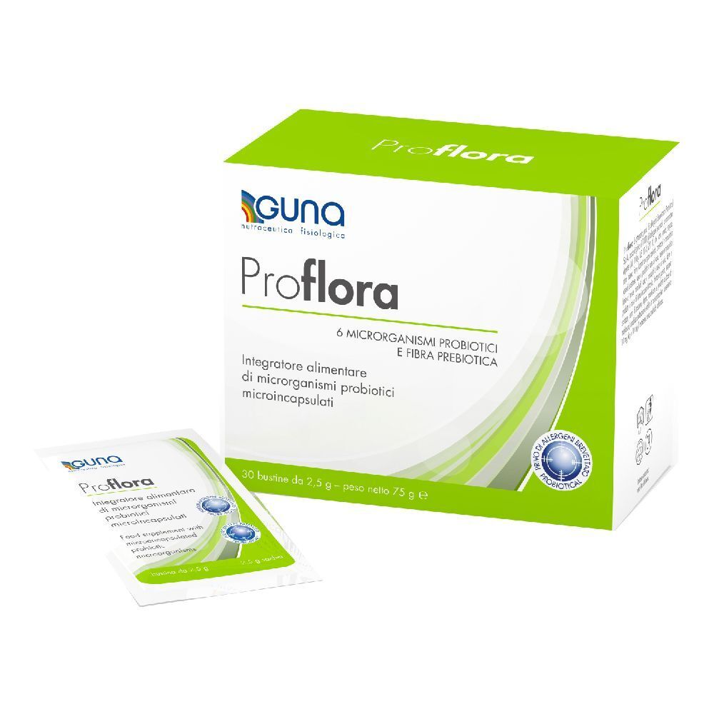 Confezione proFLORA con bustina. Scatola verde-bianca con nome e logo. Una bustina è accanto.