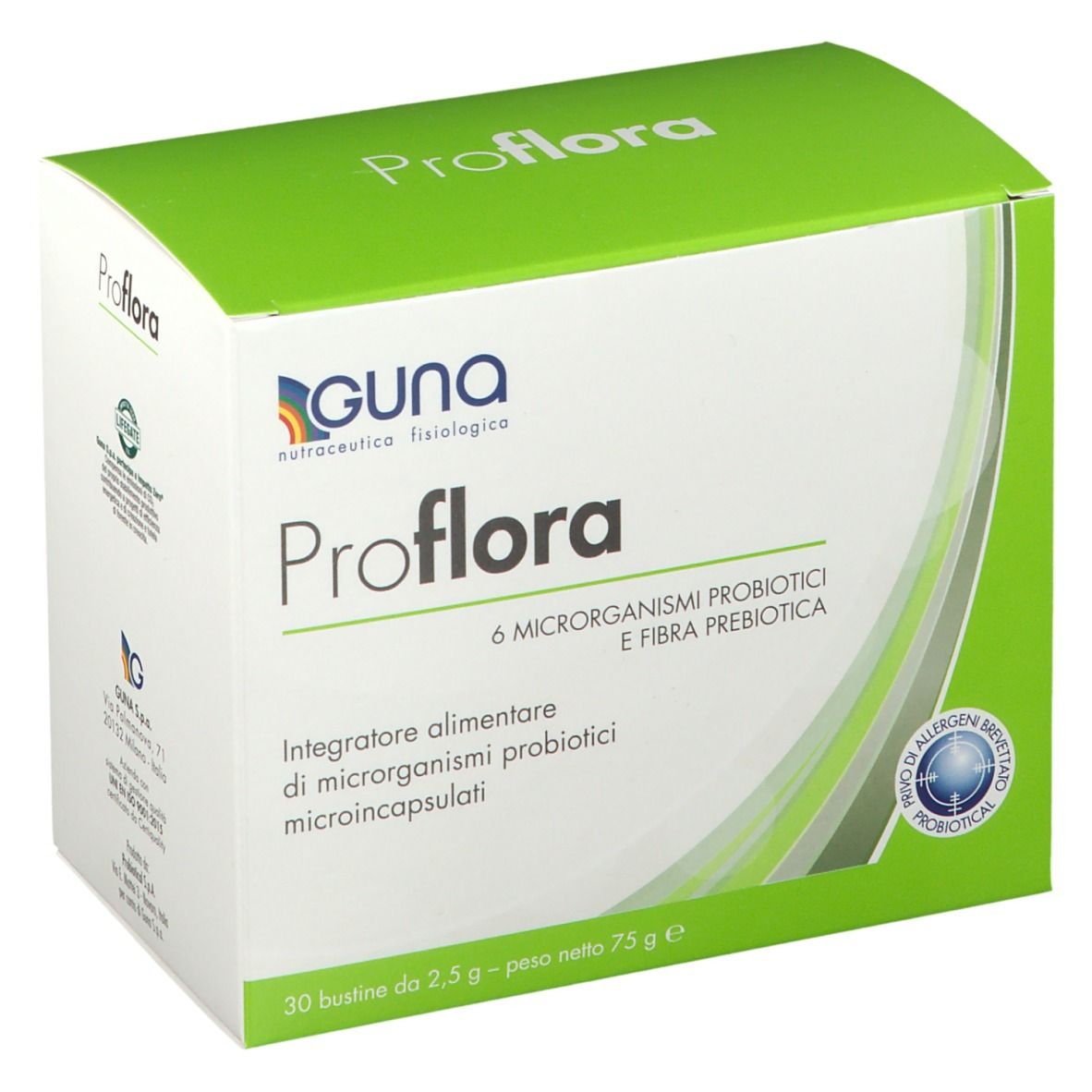 Confezione proFLORA. Scatola verde-bianca con nome e logo. Testo: 6 microrganismi e prebiotici.