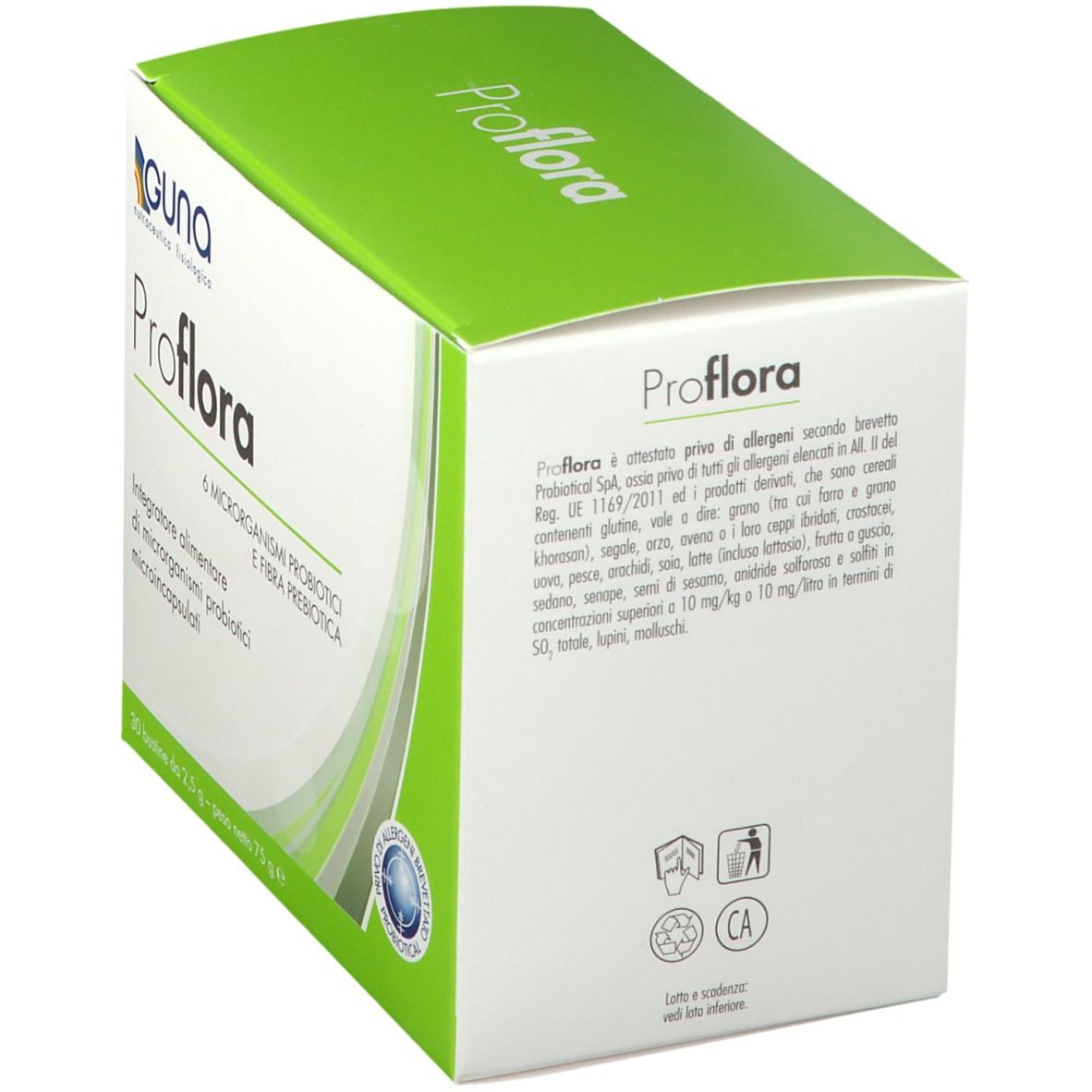 Confezione proFLORA. Retro della scatola con testo. Verde e bianco. Testo su ingredienti e valori nutrizionali.
