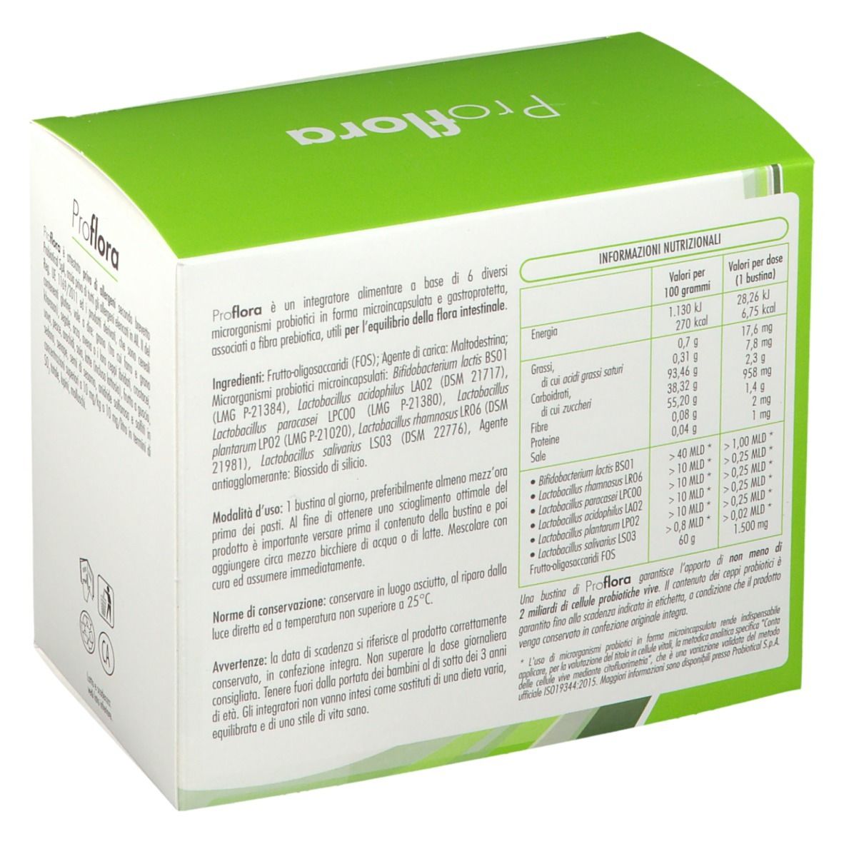 Confezione proFLORA. Retro della scatola con testo. Verde e bianco. Testo su ingredienti e valori nutrizionali.