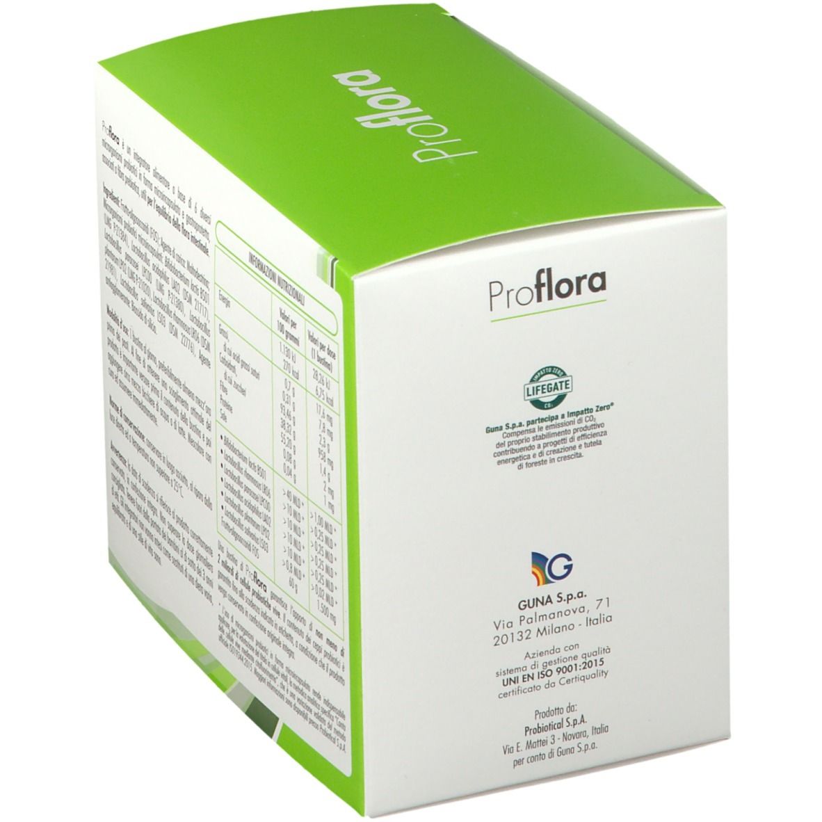 Confezione proFLORA. Retro della scatola con testo. Verde e bianco. Testo su ingredienti e valori nutrizionali.