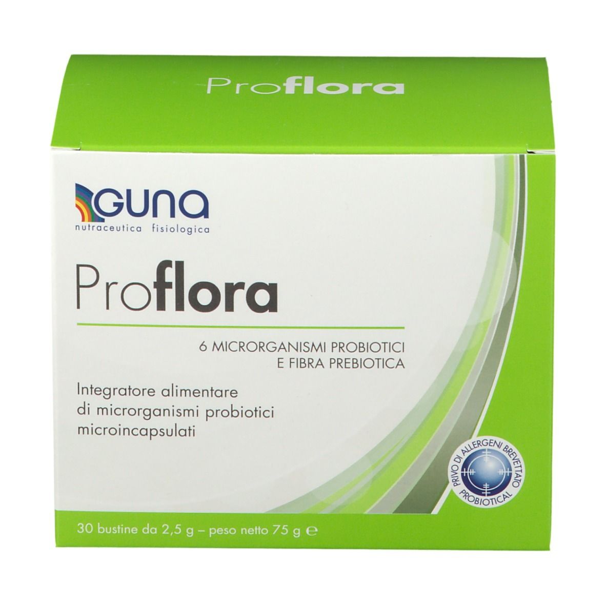 Confezione proFLORA. Scatola verde-bianca con nome e logo. Testo: 6 microrganismi e prebiotici.