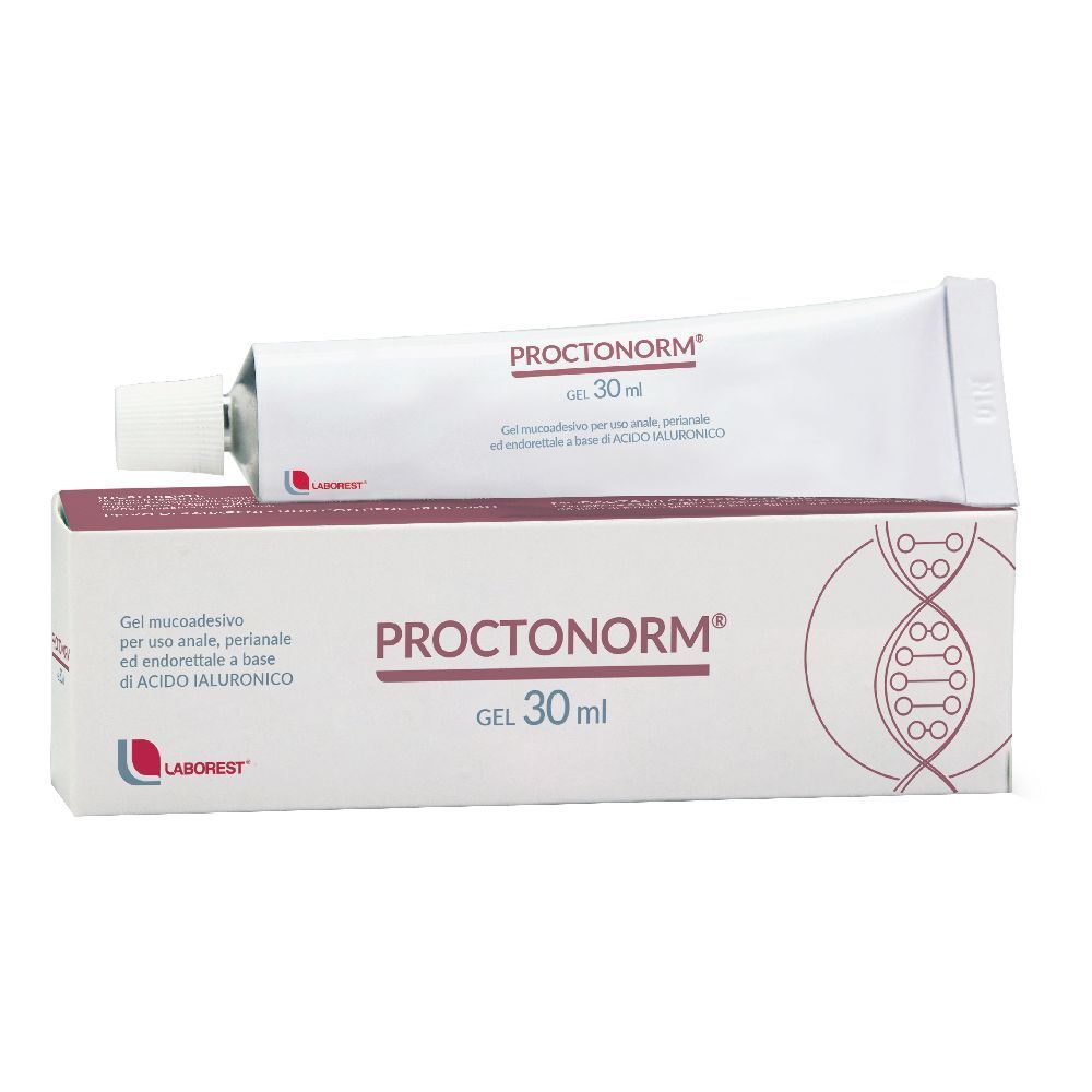 Tubo e scatola con stampa del prodotto. Scritta: PROCTONORM® Gel 30 ml. Gel per uso anale, perineale ed endorettale.