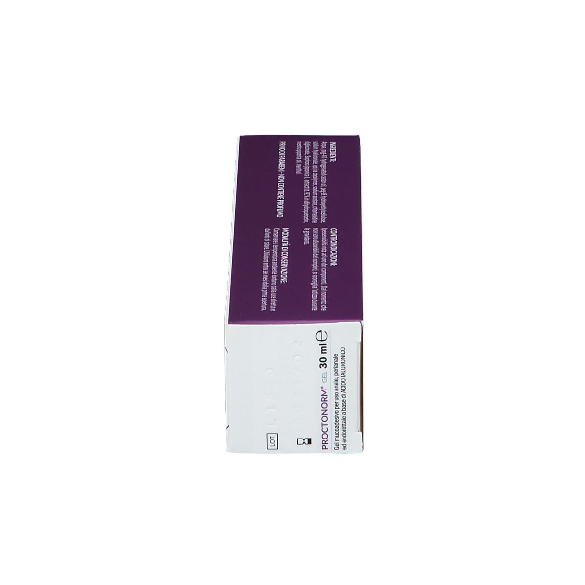 Scatola, vista laterale. Scritta: PROCTONORM® Gel 30 ml. Informazioni sul prodotto.