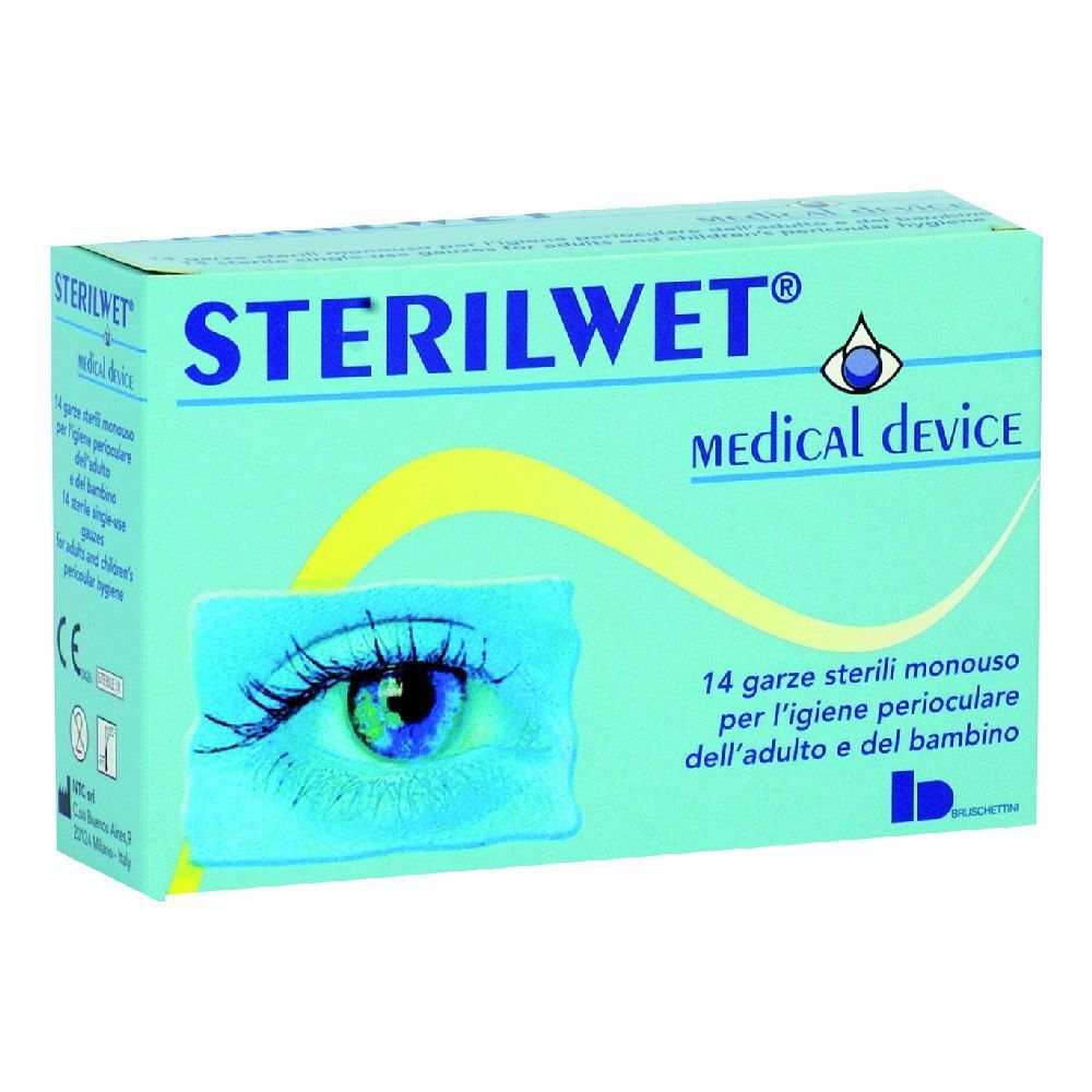Confezione di Sterilwet Garza Oftalmica. Scatola verde chiaro con nome del prodotto e illustrazione dell'occhio. Dispositivo medico.