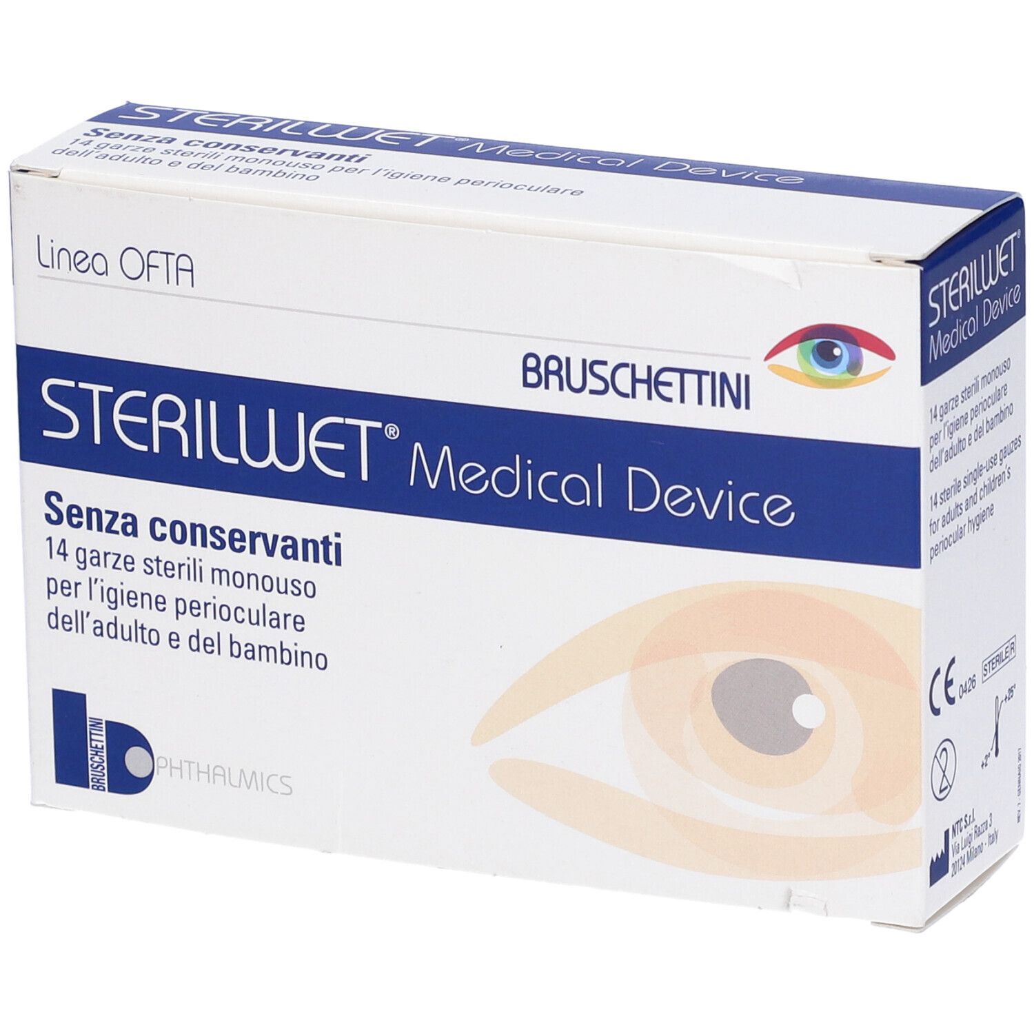 Confezione Sterilwet Garza Oftalmica. Scatola bianca con fascia blu. Nome del prodotto, illustrazione occhio e testo.