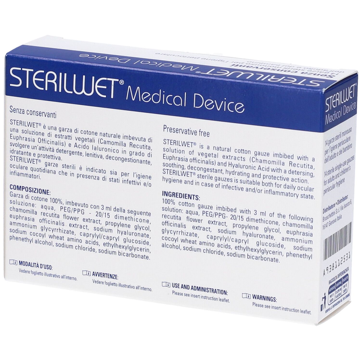 Retro della confezione Sterilwet Garza Oftalmica. Testo sugli ingredienti e l'uso. Dispositivo medico.