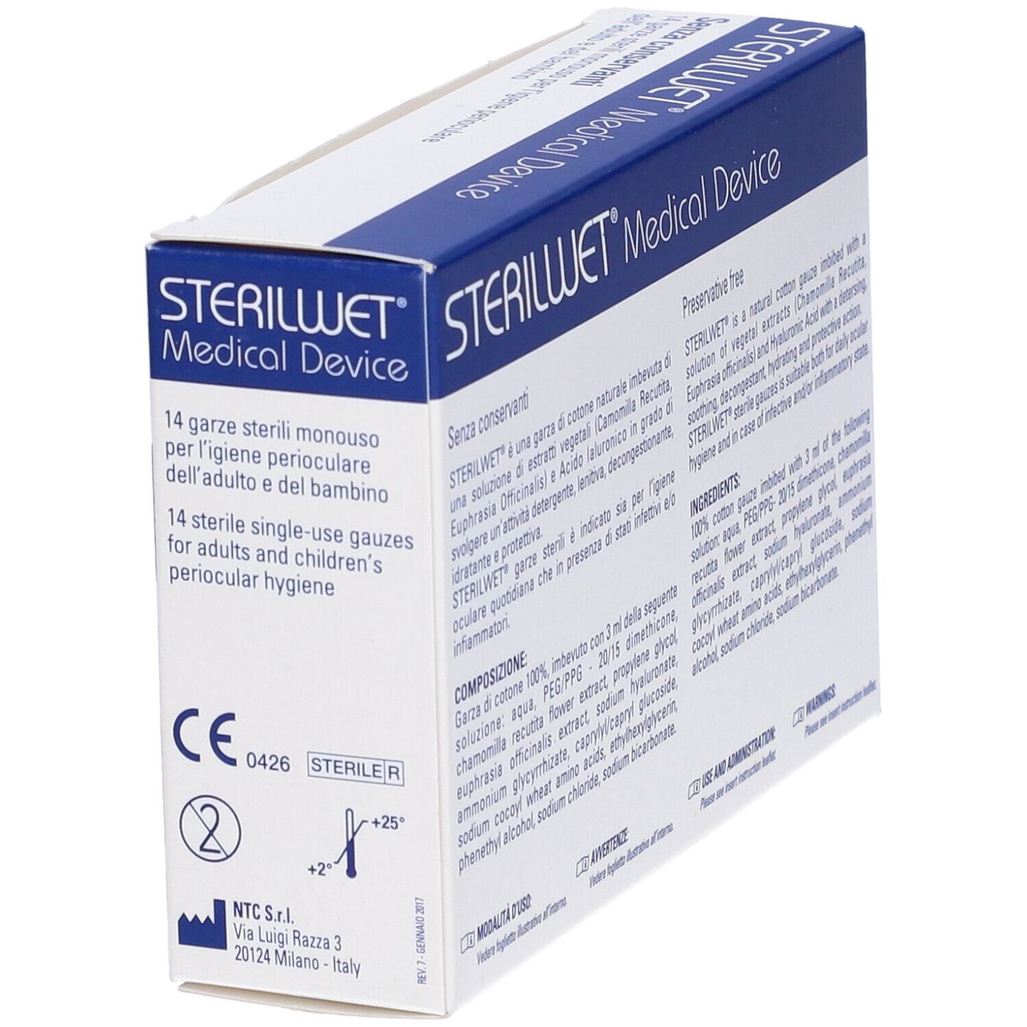 Confezione Sterilwet Garza Oftalmica. Scatola bianca con fascia blu. Nome, testo e marchio CE.