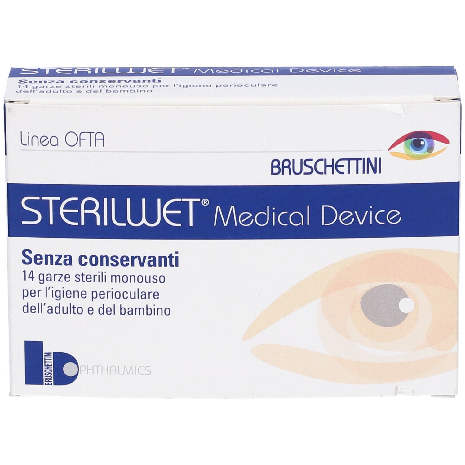 Confezione Sterilwet Garza Oftalmica. Scatola bianca con fascia blu. Nome del prodotto e testo.