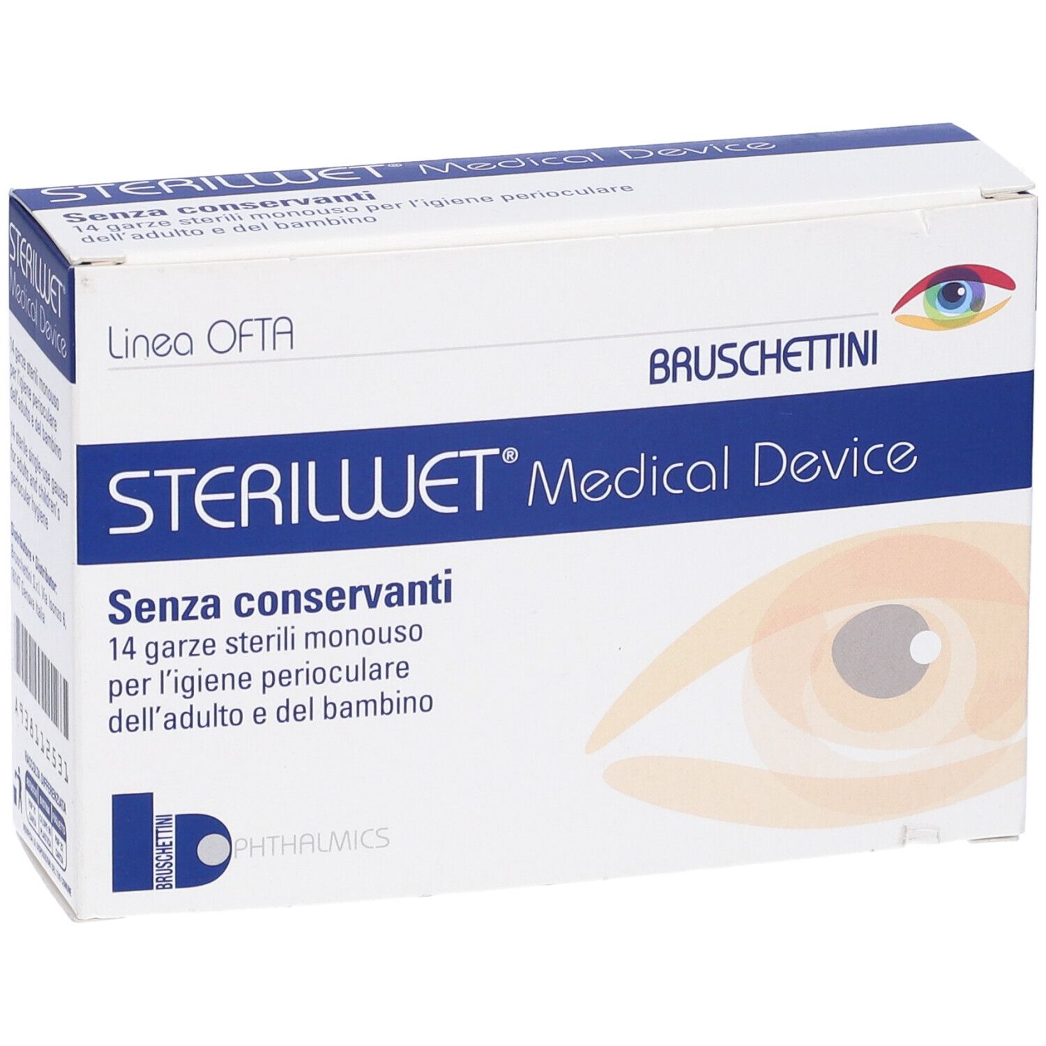 Confezione Sterilwet Garza Oftalmica. Scatola bianca con fascia blu. Nome del prodotto e testo.
