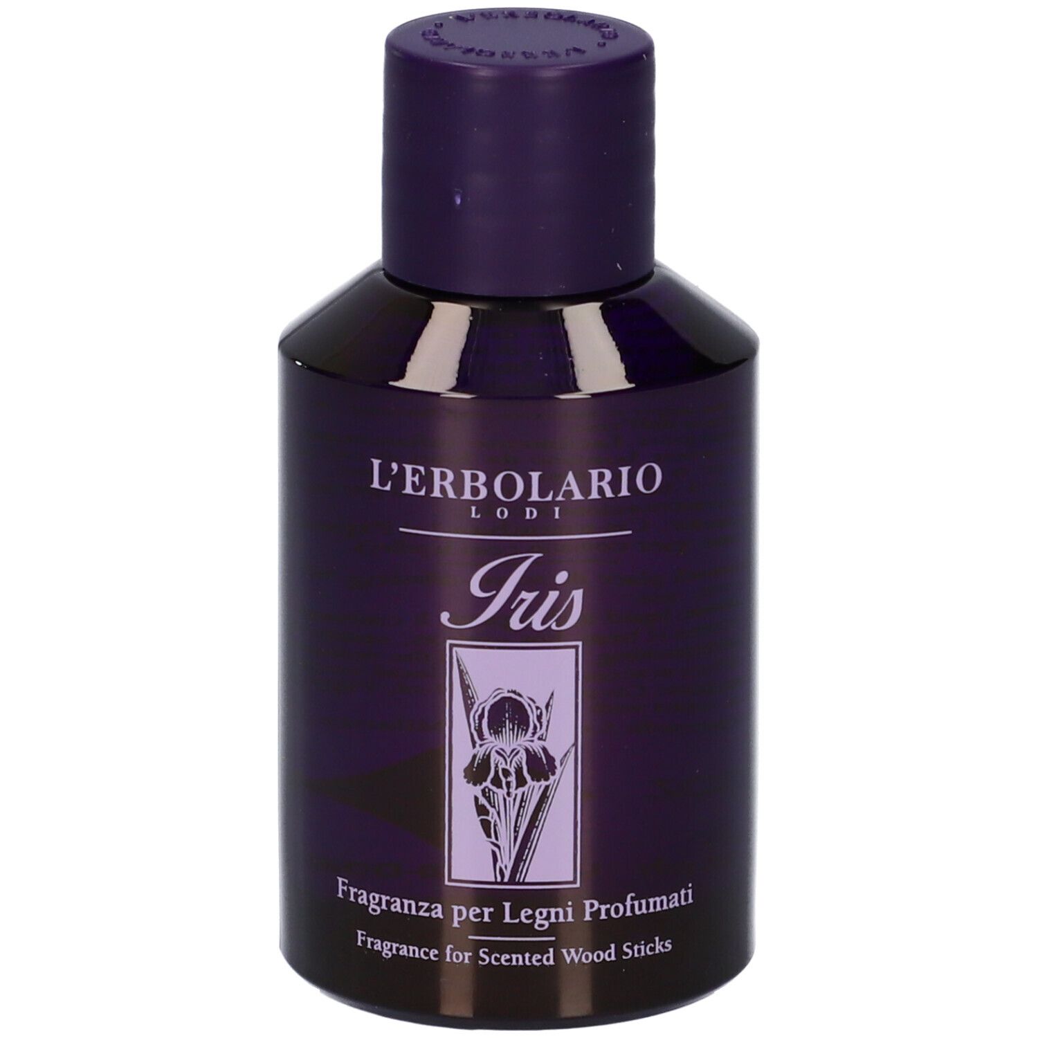 Flacone con tappo viola. Scritta: L'Erbolario, Iris, Fragranza per Legni Profumati. Flacone da 125 ml.