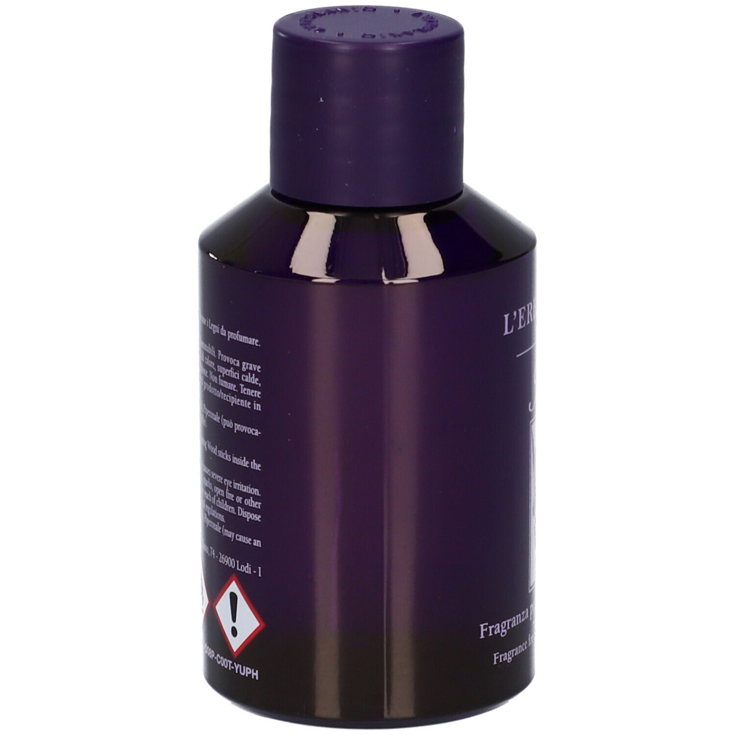 Flacone con tappo viola. Scritta: L'Erbolario, Iris, Fragranza per Legni Profumati. Avvertenze e ingredienti.