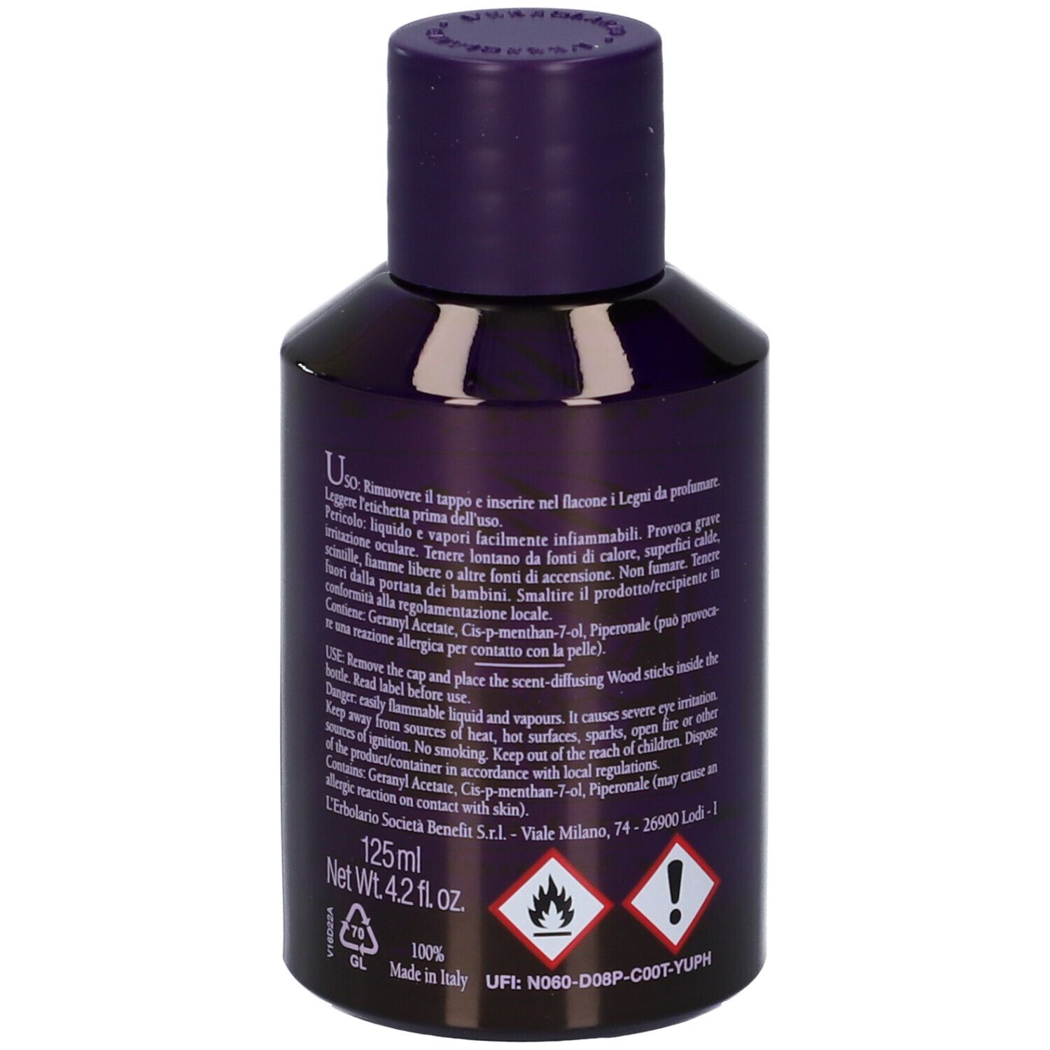 Flacone con tappo viola. Scritta: L'Erbolario, Iris, Fragranza per Legni Profumati. Avvertenze e ingredienti.