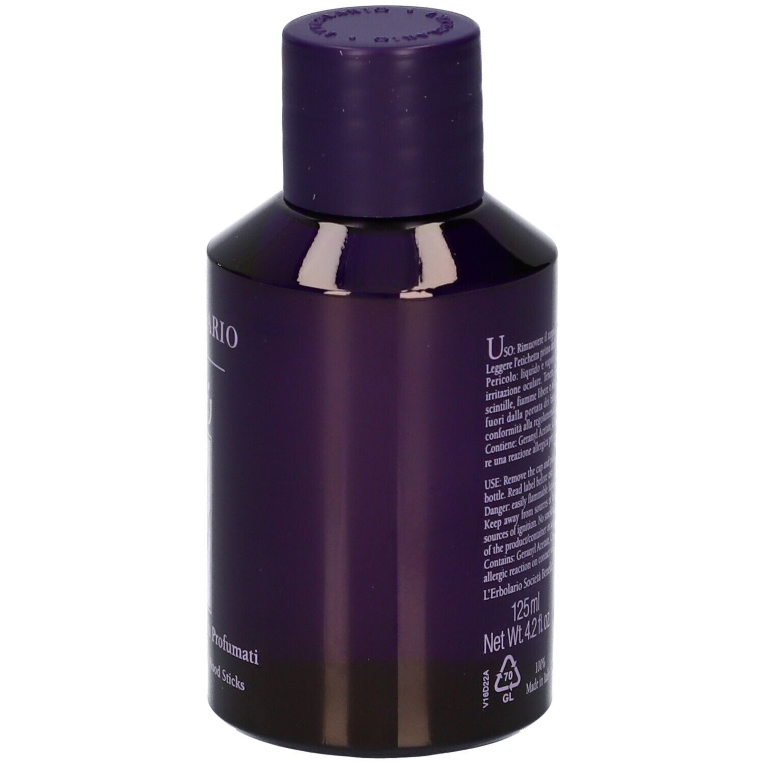 Flacone con tappo viola. Scritta: L'Erbolario, Iris, Fragranza per Legni Profumati. 125 ml. Avvertenze.