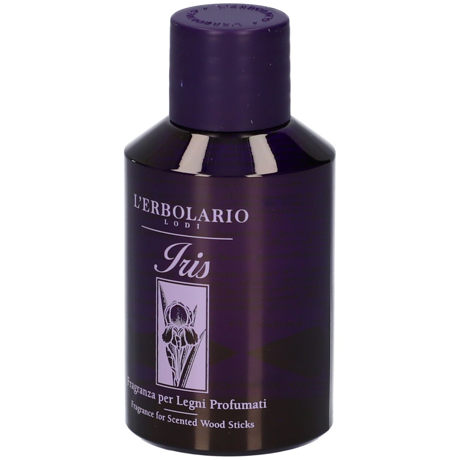 Flacone con tappo viola. Scritta: L'Erbolario, Iris, Fragranza per Legni Profumati. 125 ml.