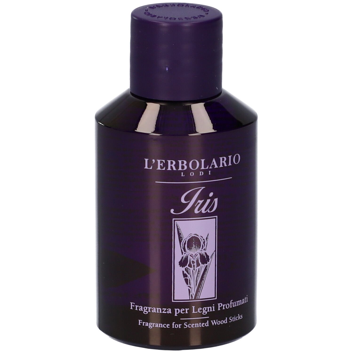 Flacone con tappo viola. Scritta: L'Erbolario, Iris, Fragranza per Legni Profumati. 125 ml.