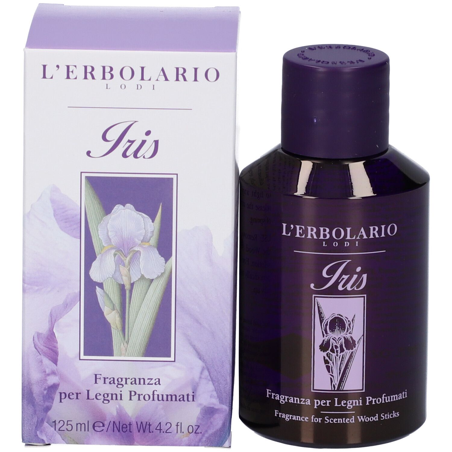 Prodotto e confezione. Flacone con tappo viola e scatola. Scritta: L'Erbolario, Iris, 125 ml.