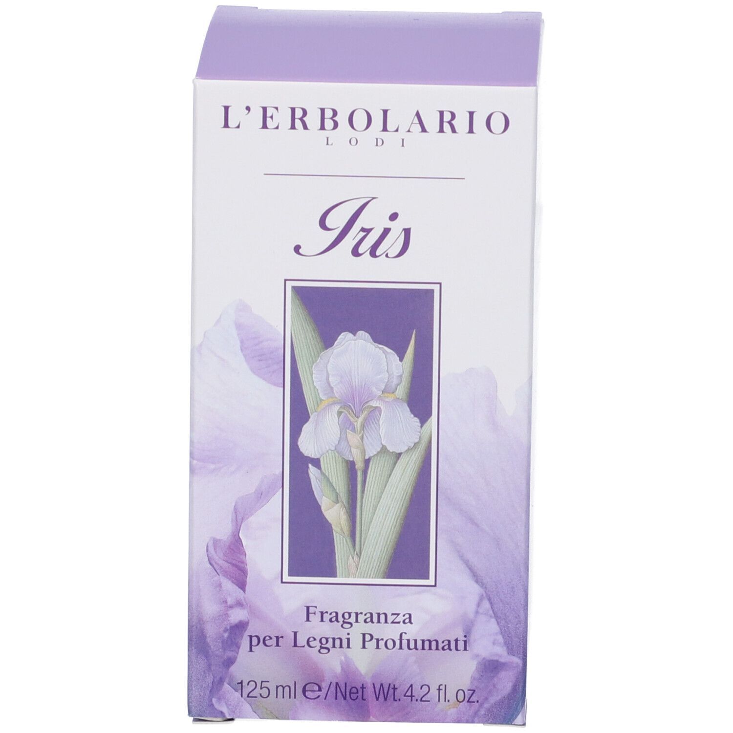 Scatola con immagine del prodotto. Scritta: L'Erbolario, Iris, Fragranza per Legni Profumati. 125 ml.