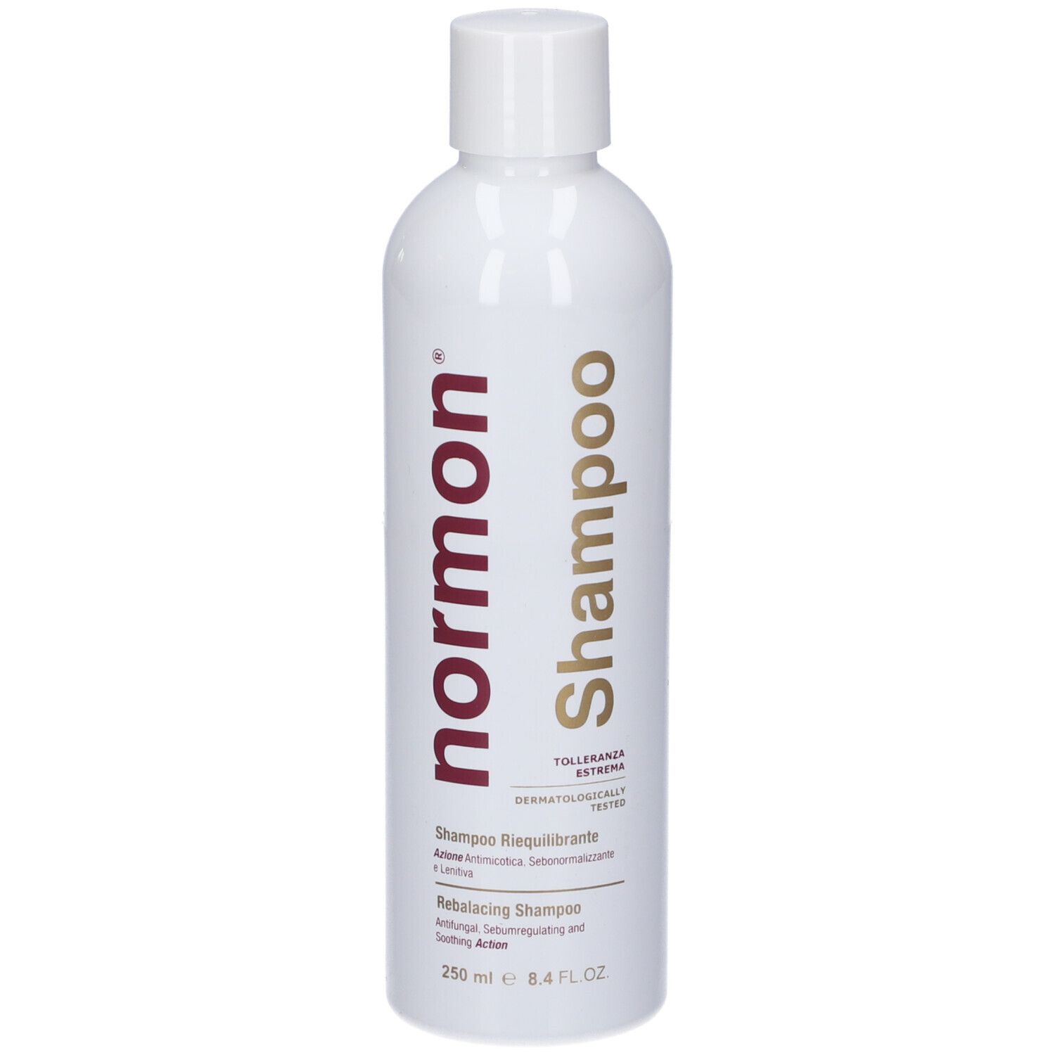 Flacone bianco di shampoo Normon, 250 ml.