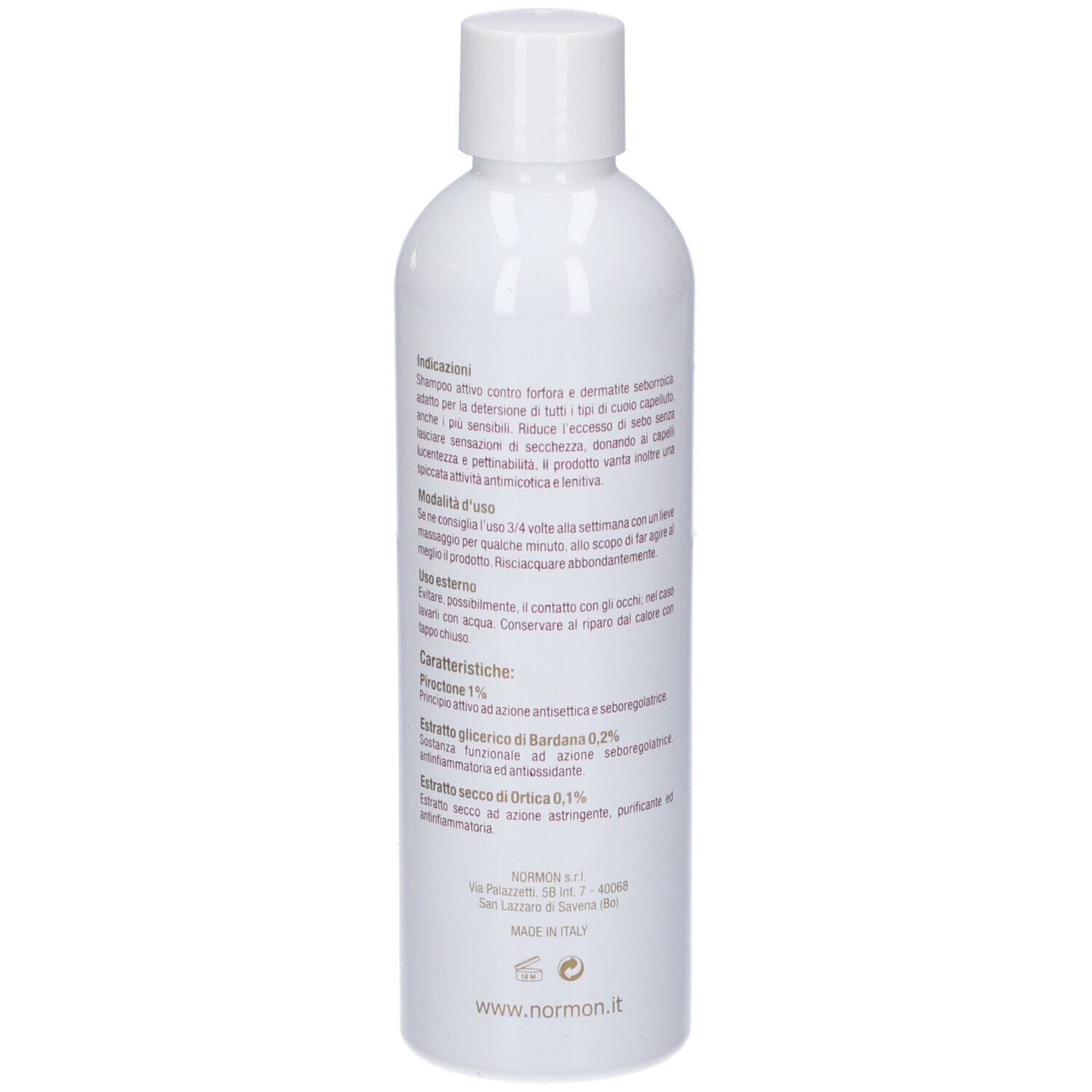 Flacone bianco con etichetta che descrive ingredienti e uso.