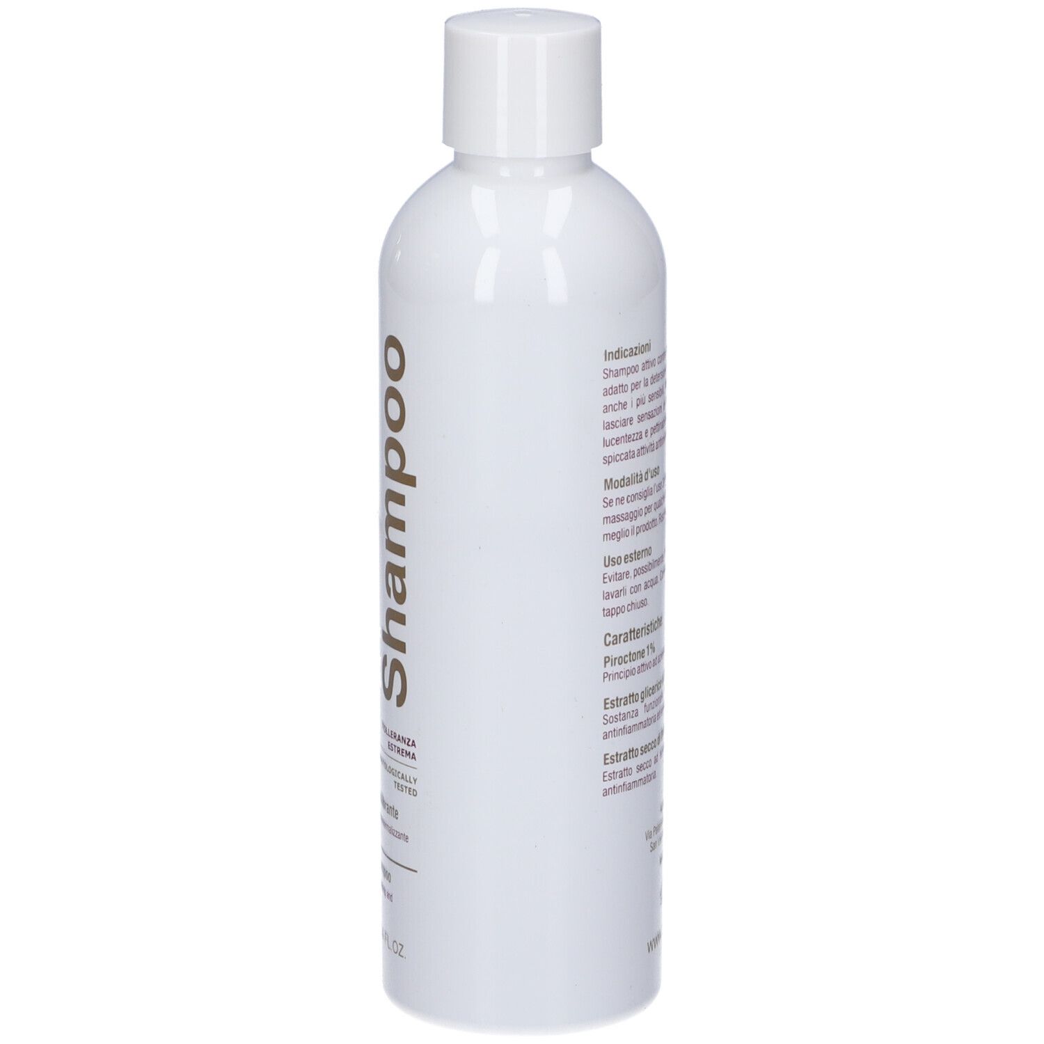 Flacone bianco di shampoo con scritta "Shampoo" in marrone.