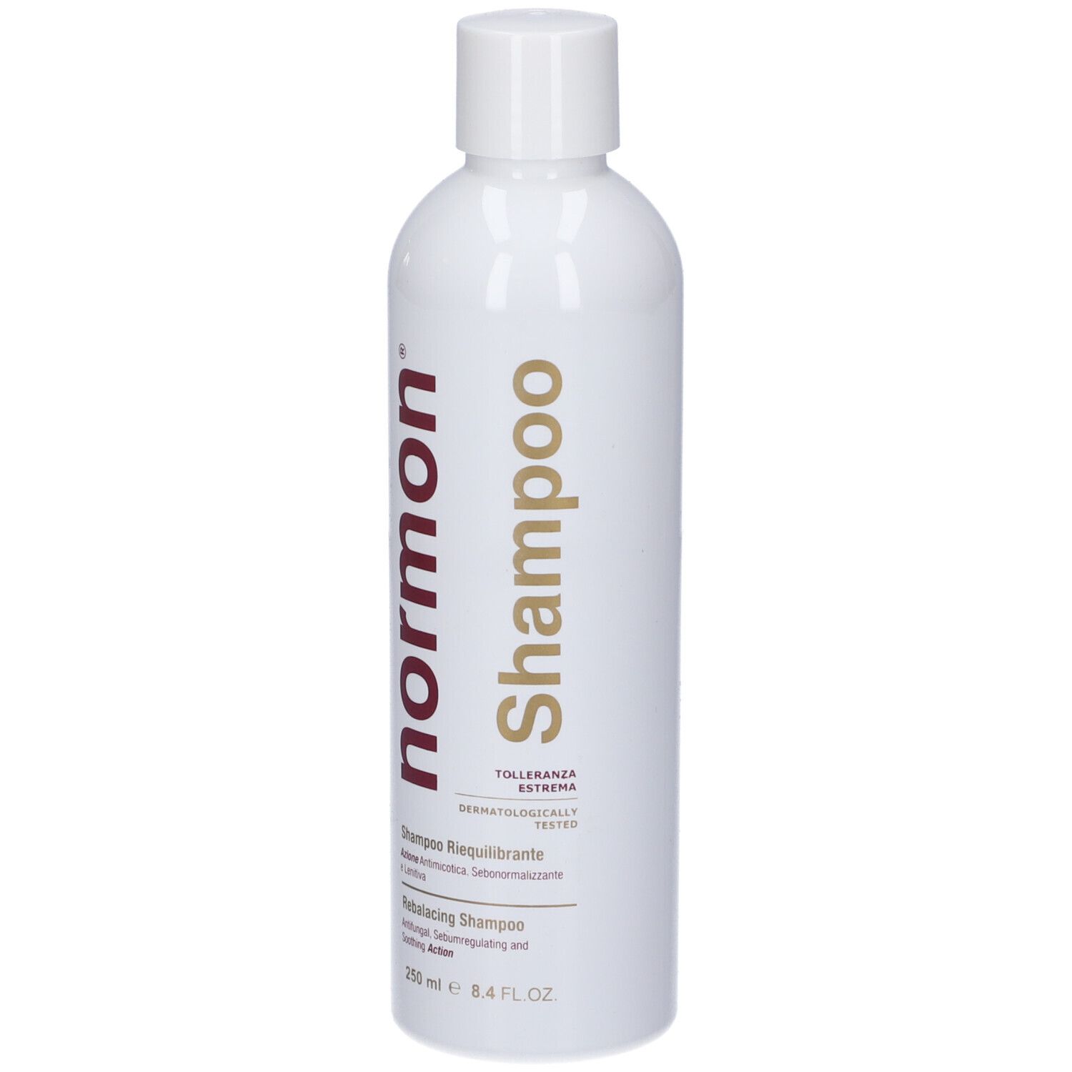 Flacone bianco con shampoo Normon, 250 ml.
