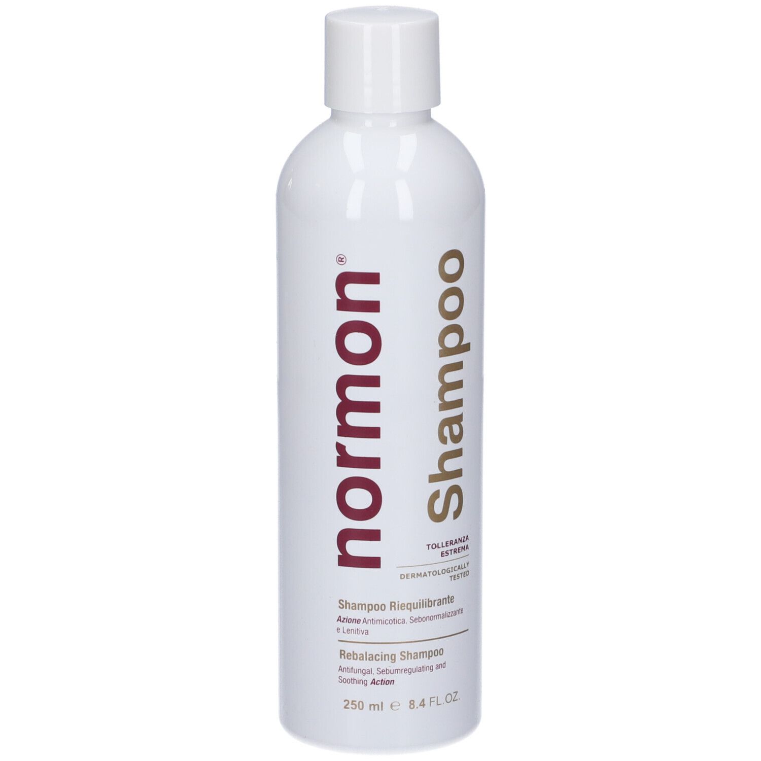 Flacone bianco Normon Shampoo, 250 ml.