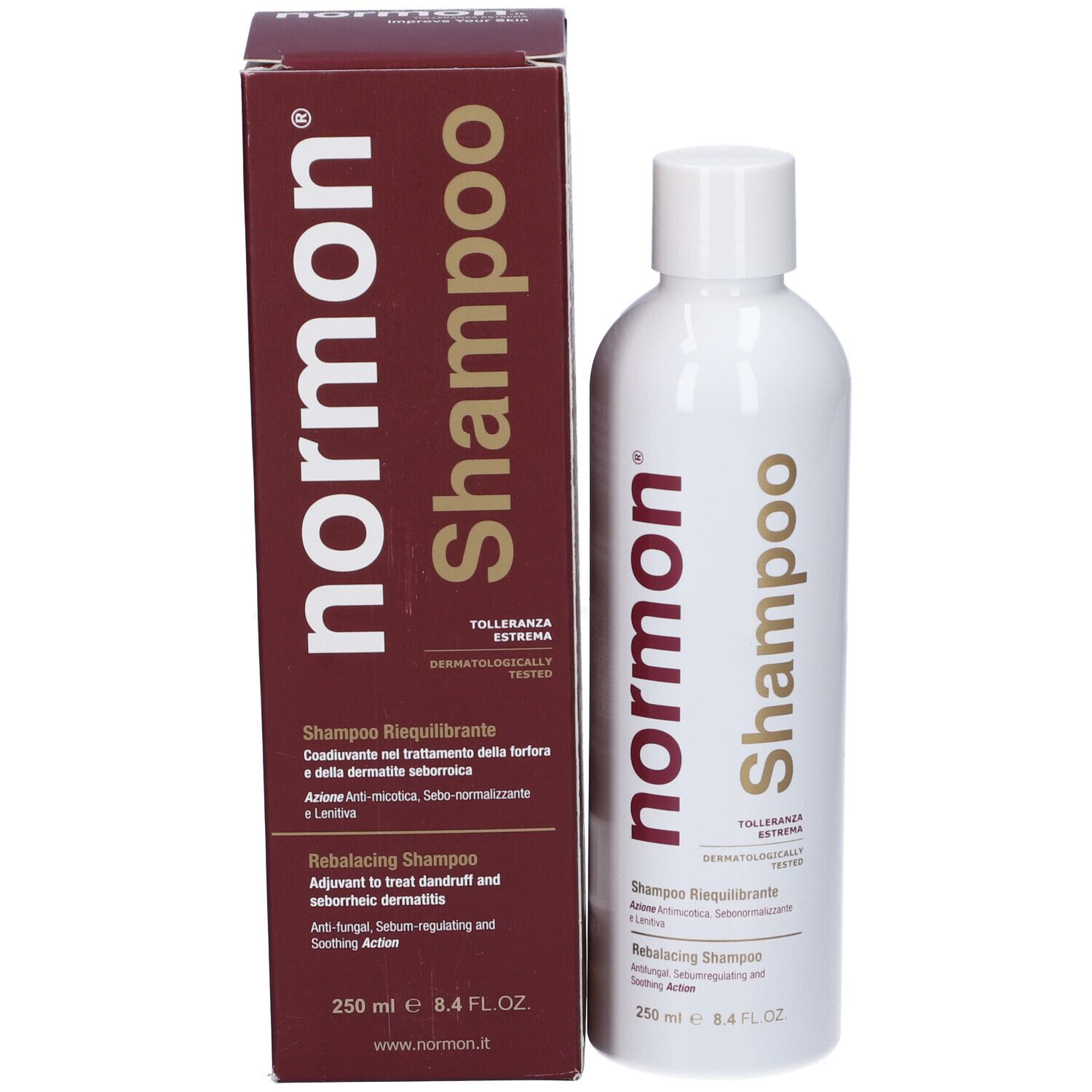 Flacone e scatola di Normon Shampoo, 250 ml. Testato dermatologicamente.
