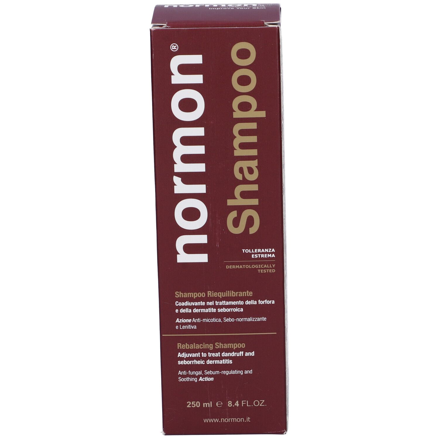 Flacone di shampoo Normon, 250 ml. Shampoo riequilibrante per trattare forfora e dermatite seborroica.