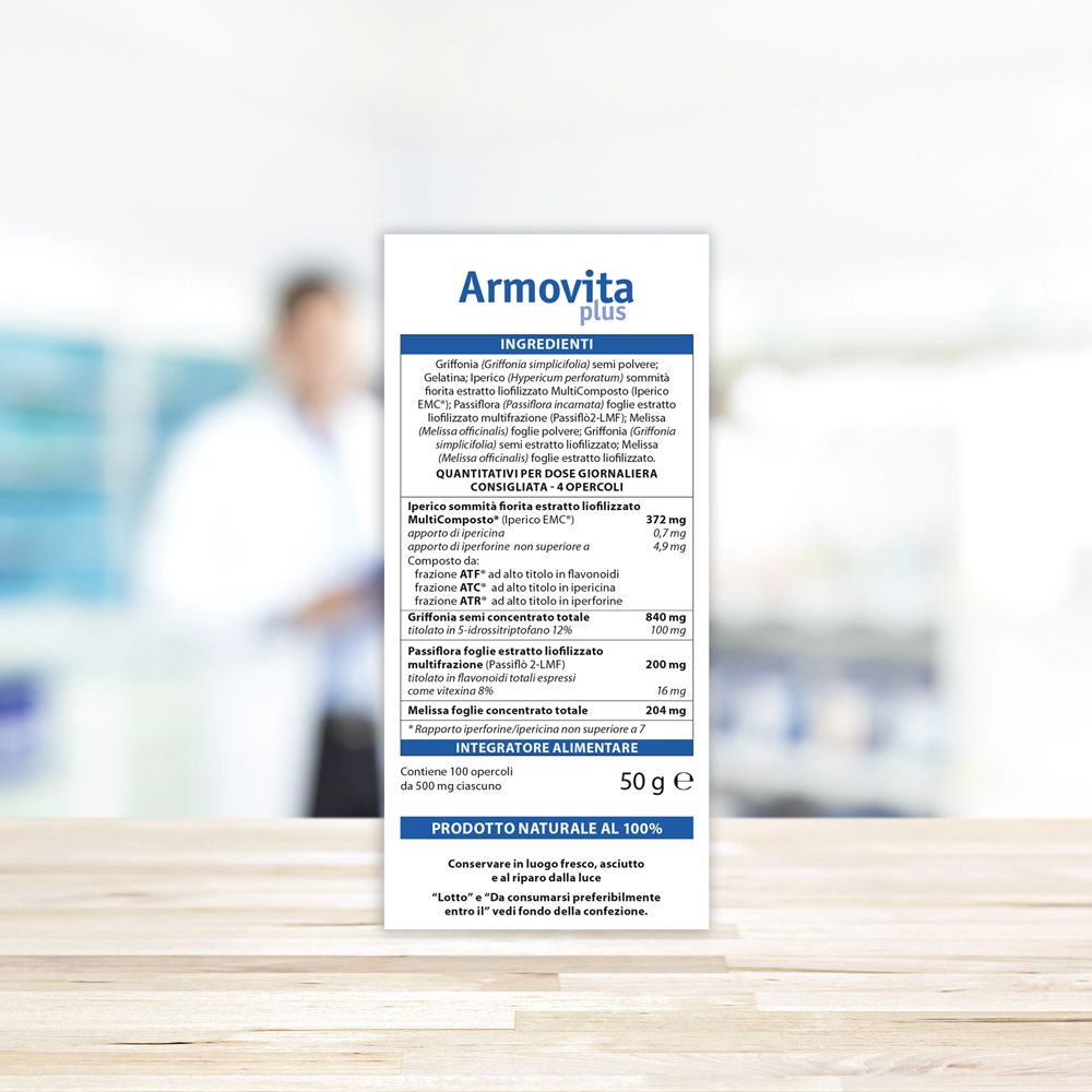 Rückseite der Armovita Plus-Verpackung. Zutatenliste und Nährwertangaben. 50g.