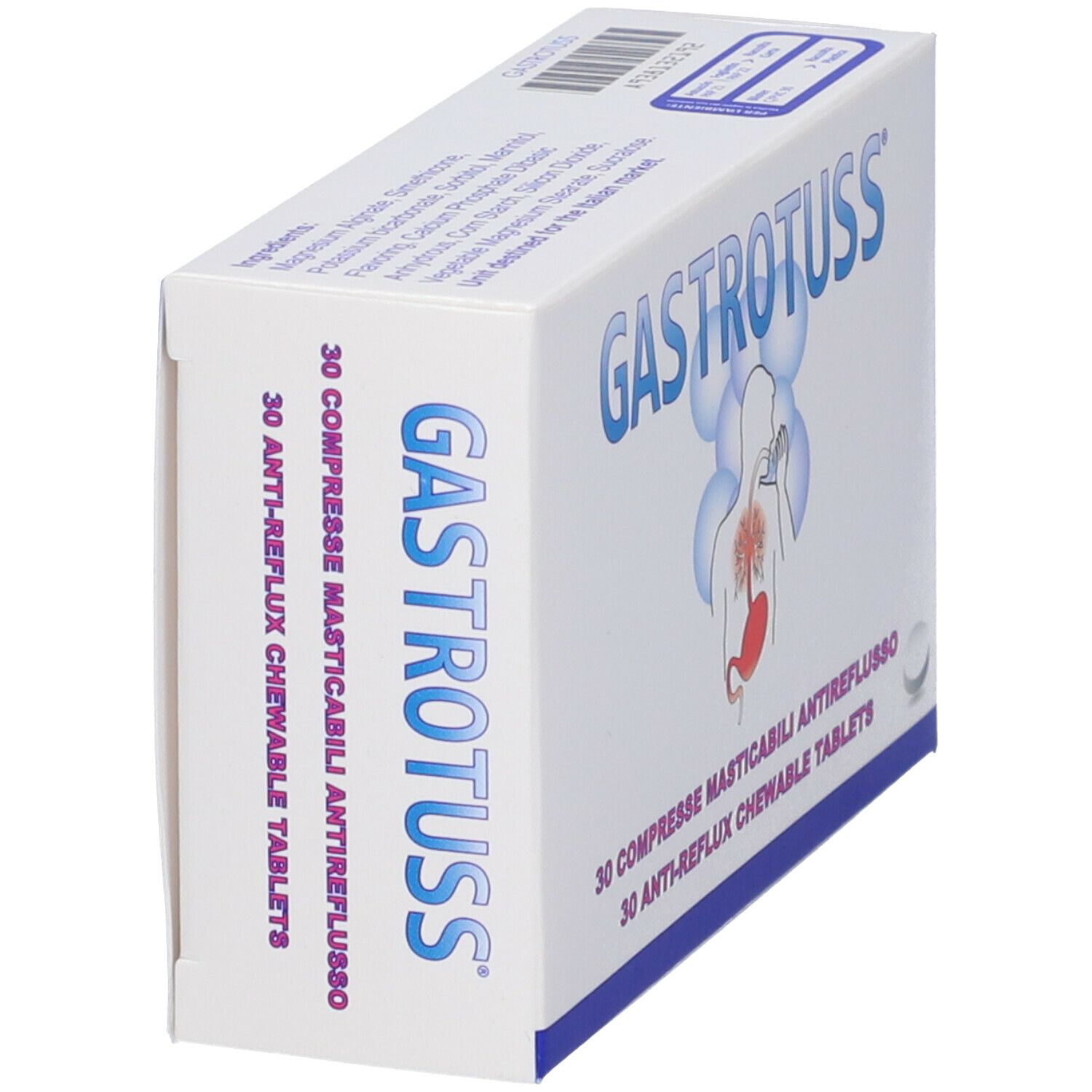 Packung mit 30 Gastrotuss-Tabletten gegen Reflux.