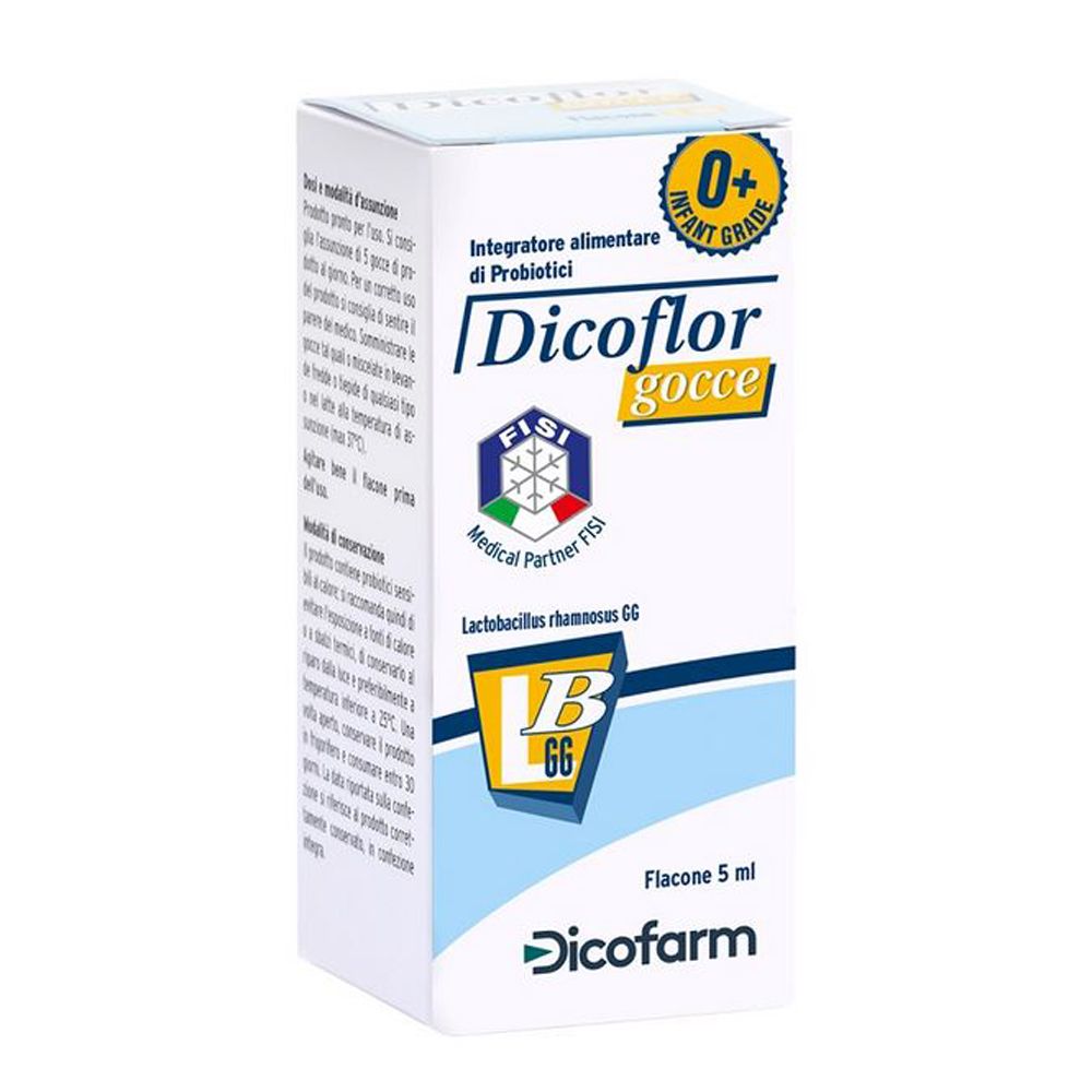 Scatola di Dicoflor gocce. Scritto: Integratore alimentare di Probiotici, 0+ Infant Grade, FISI Medical Partner, Lactobacillus rhamnosus GG.